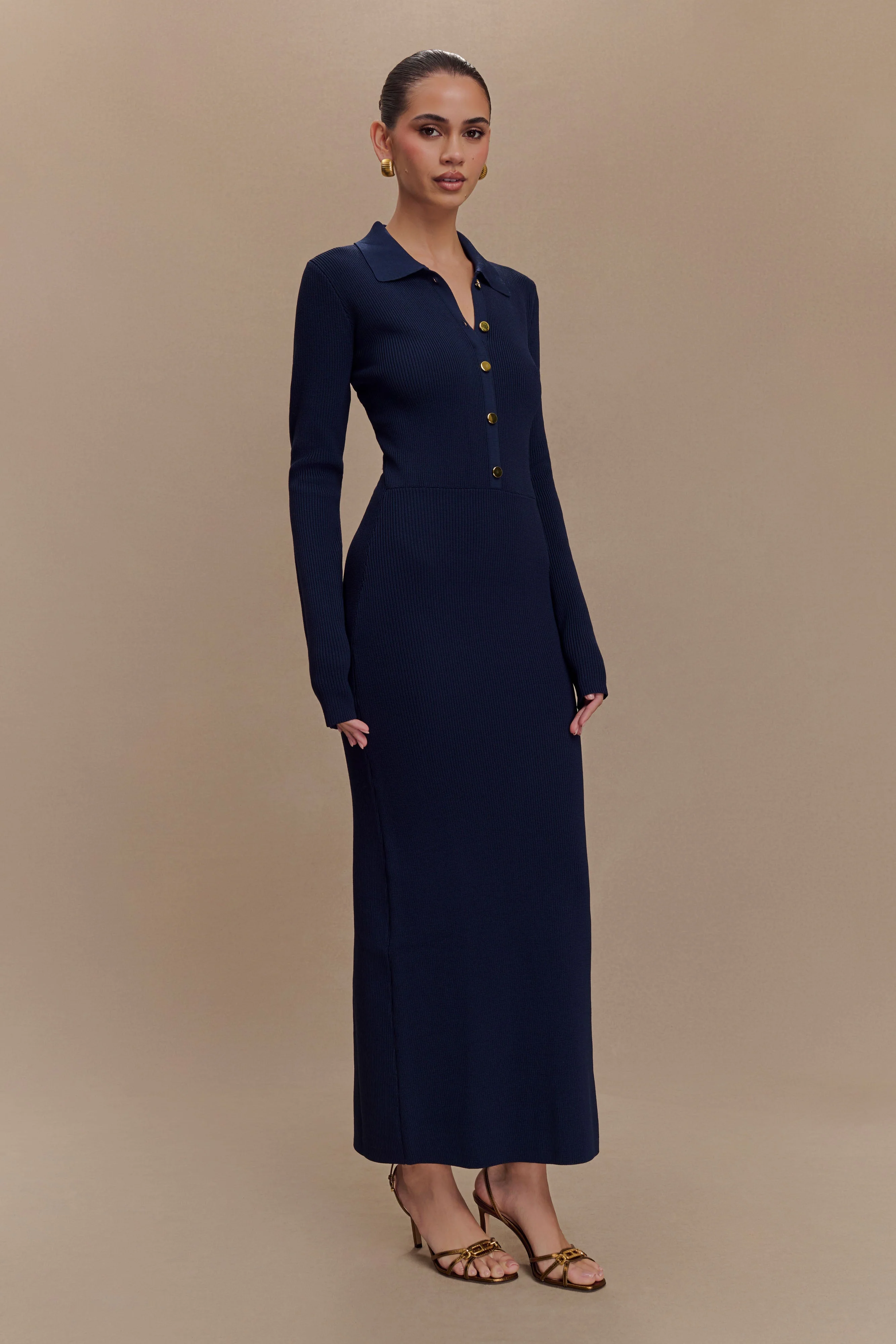 Abbey Buttoned Knit Midi Dress - Navy - Image 4