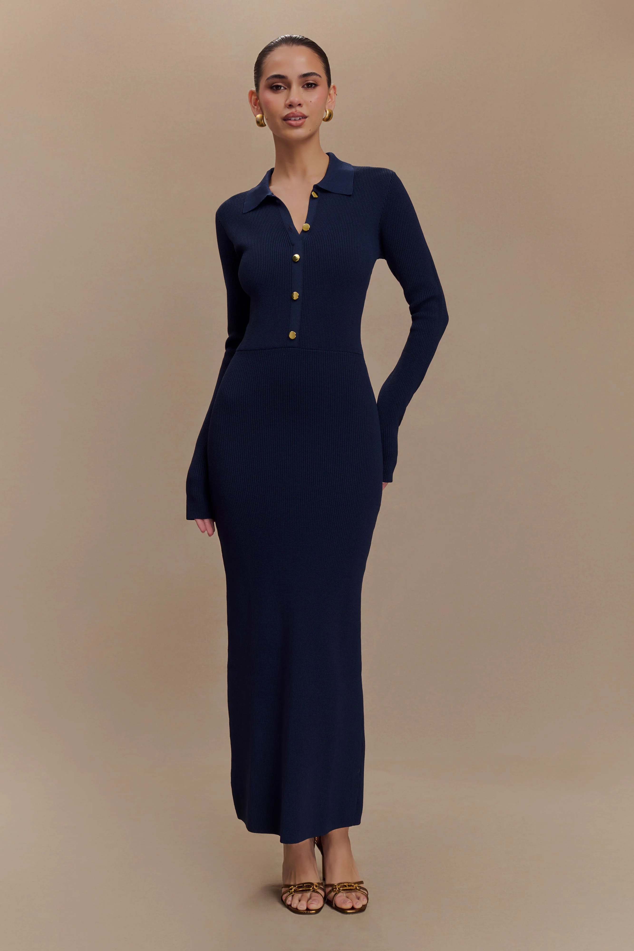 Abbey Buttoned Knit Midi Dress - Navy - Image 5