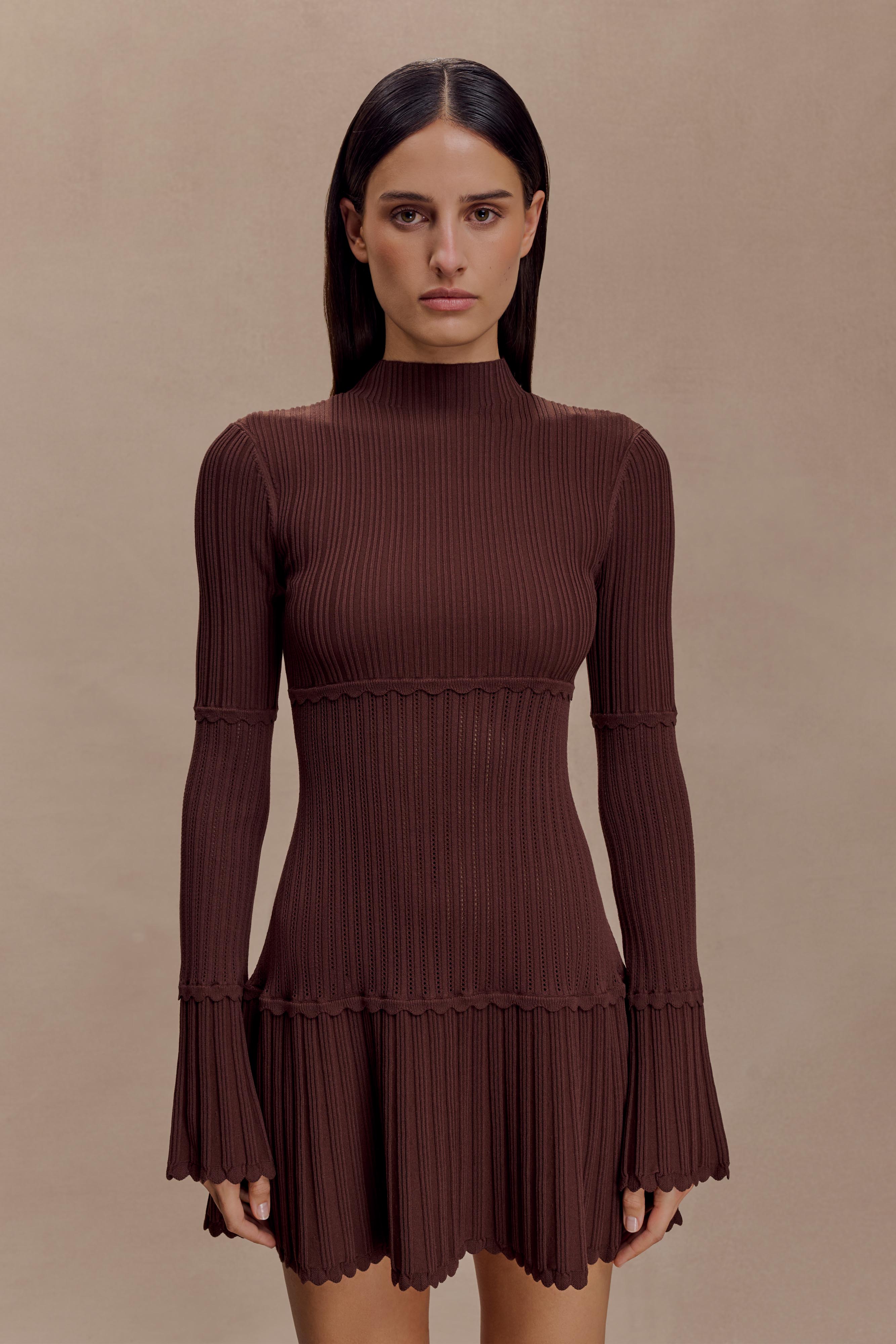 Adena Pointelle Knit Mini Dress - Chocolate - Image 2
