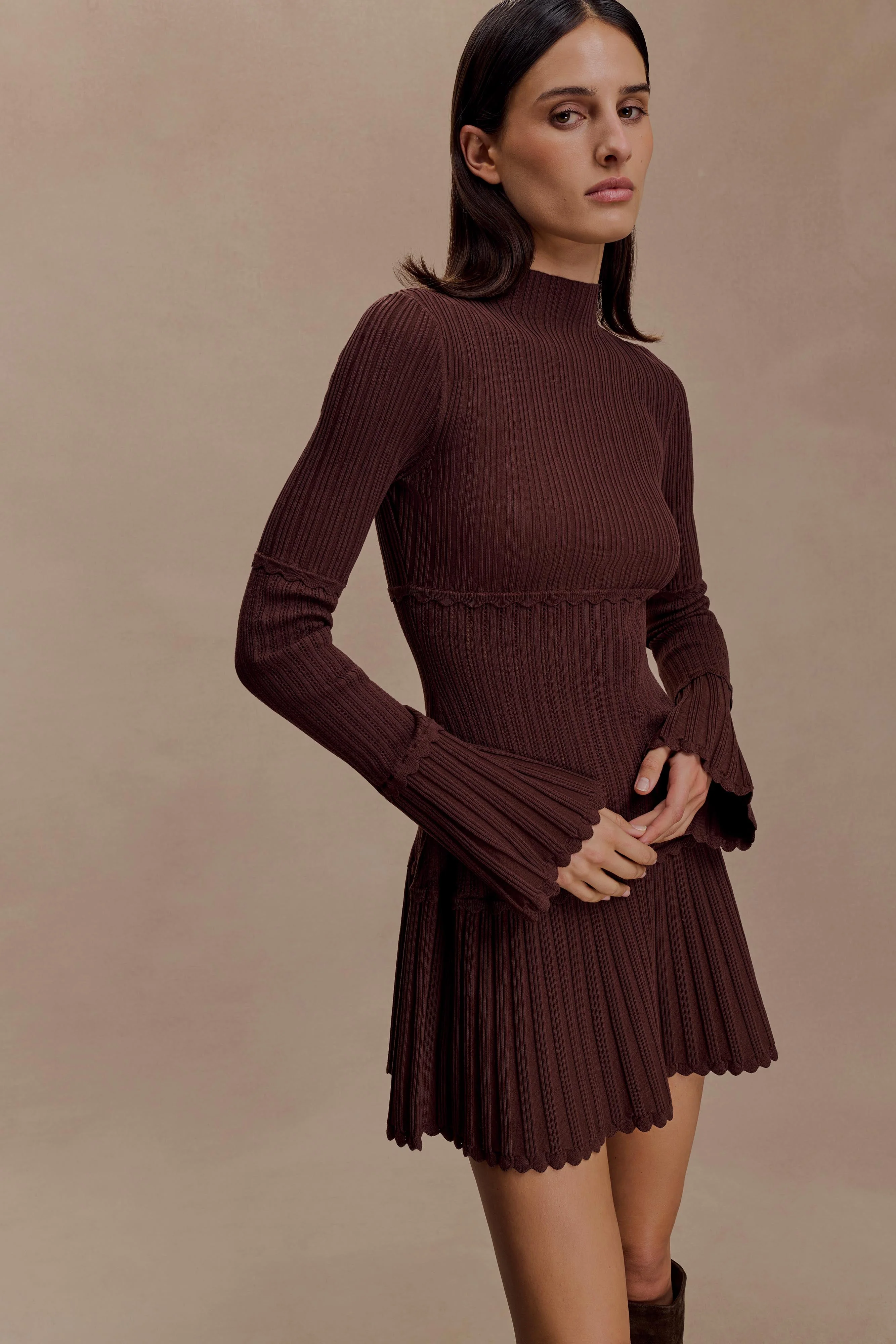 Adena Pointelle Knit Mini Dress - Chocolate - Image 4