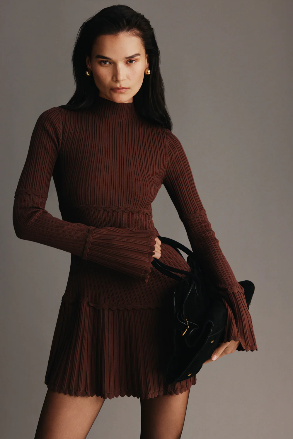 Adena Pointelle Knit Mini Dress - Chocolate - Image 9