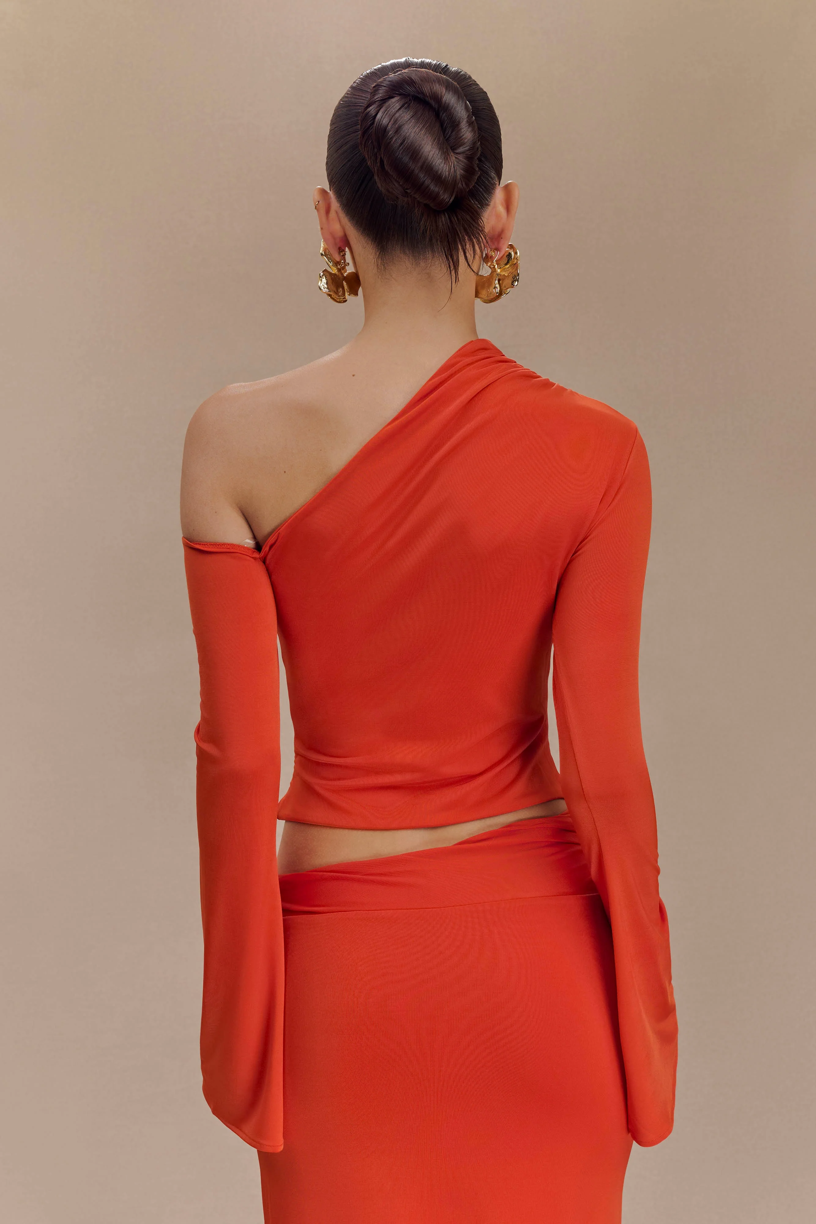 Ainsley Asymmetrical Long Sleeve Top With Floral Hardware - Burnt Orange - Image 2