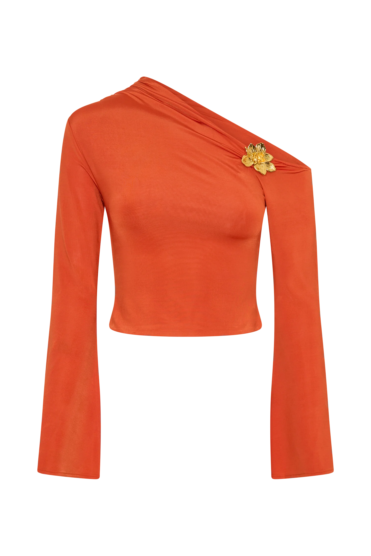 Ainsley Asymmetrical Long Sleeve Top With Floral Hardware - Burnt Orange - Image 8