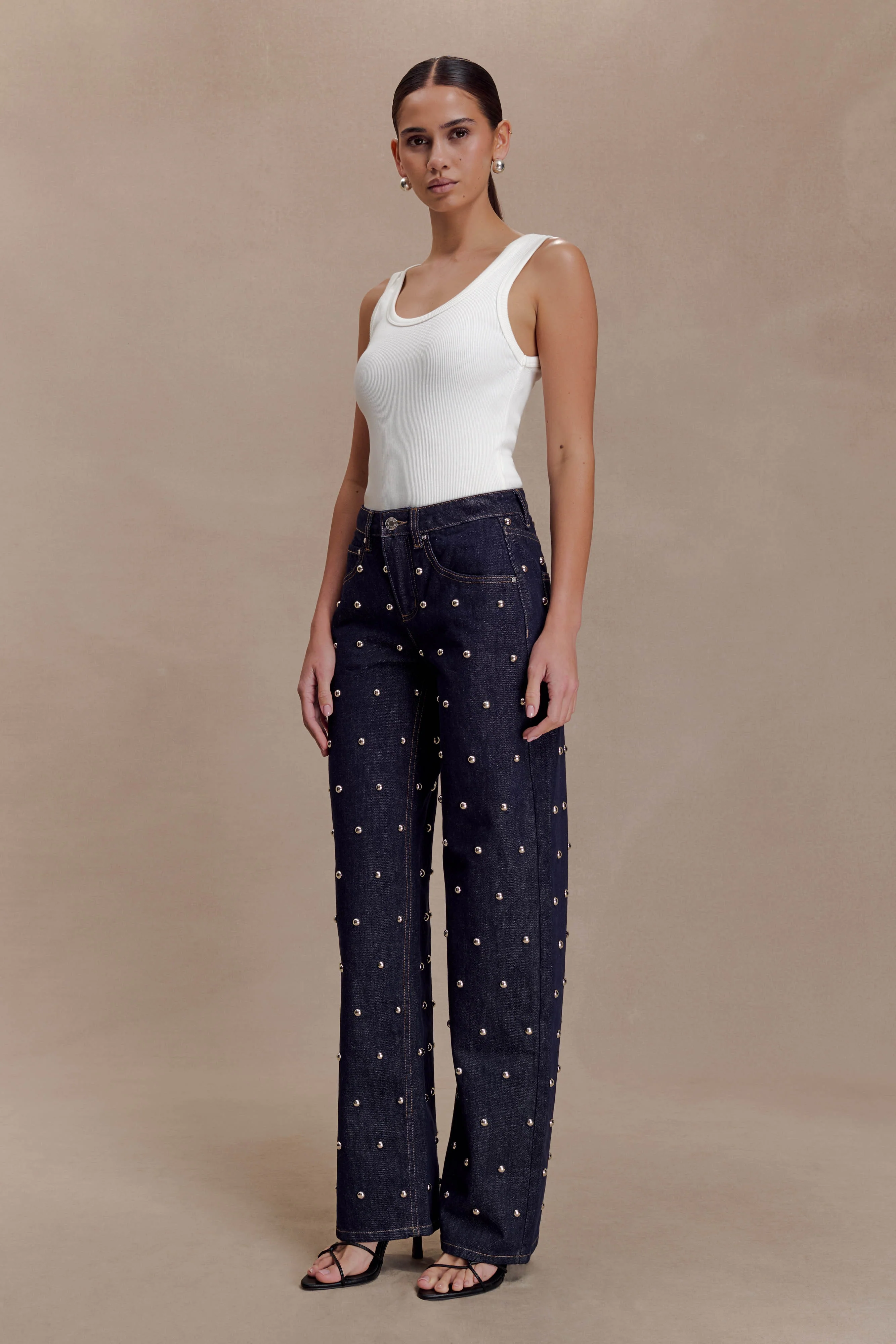 Alima Mid Rise Stud Denim Jeans - Washed Indigo Blue - Image 4