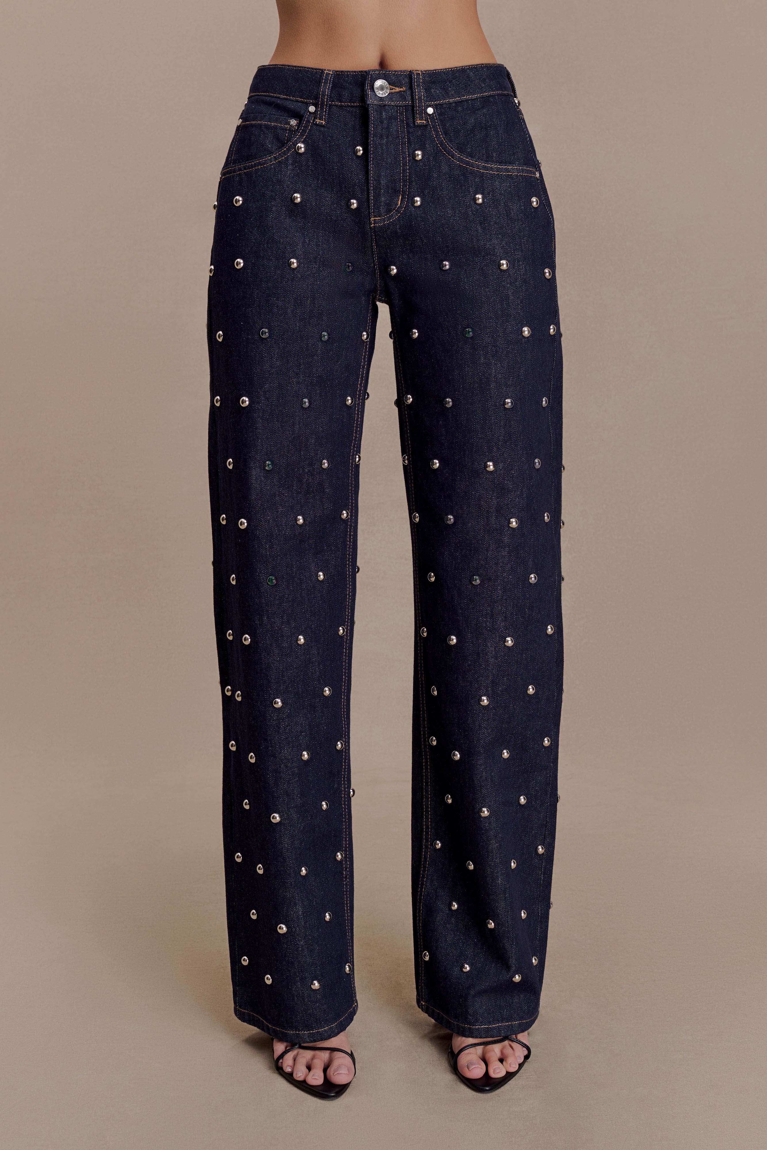 Alima Mid Rise Stud Denim Jeans - Washed Indigo Blue - Image 6