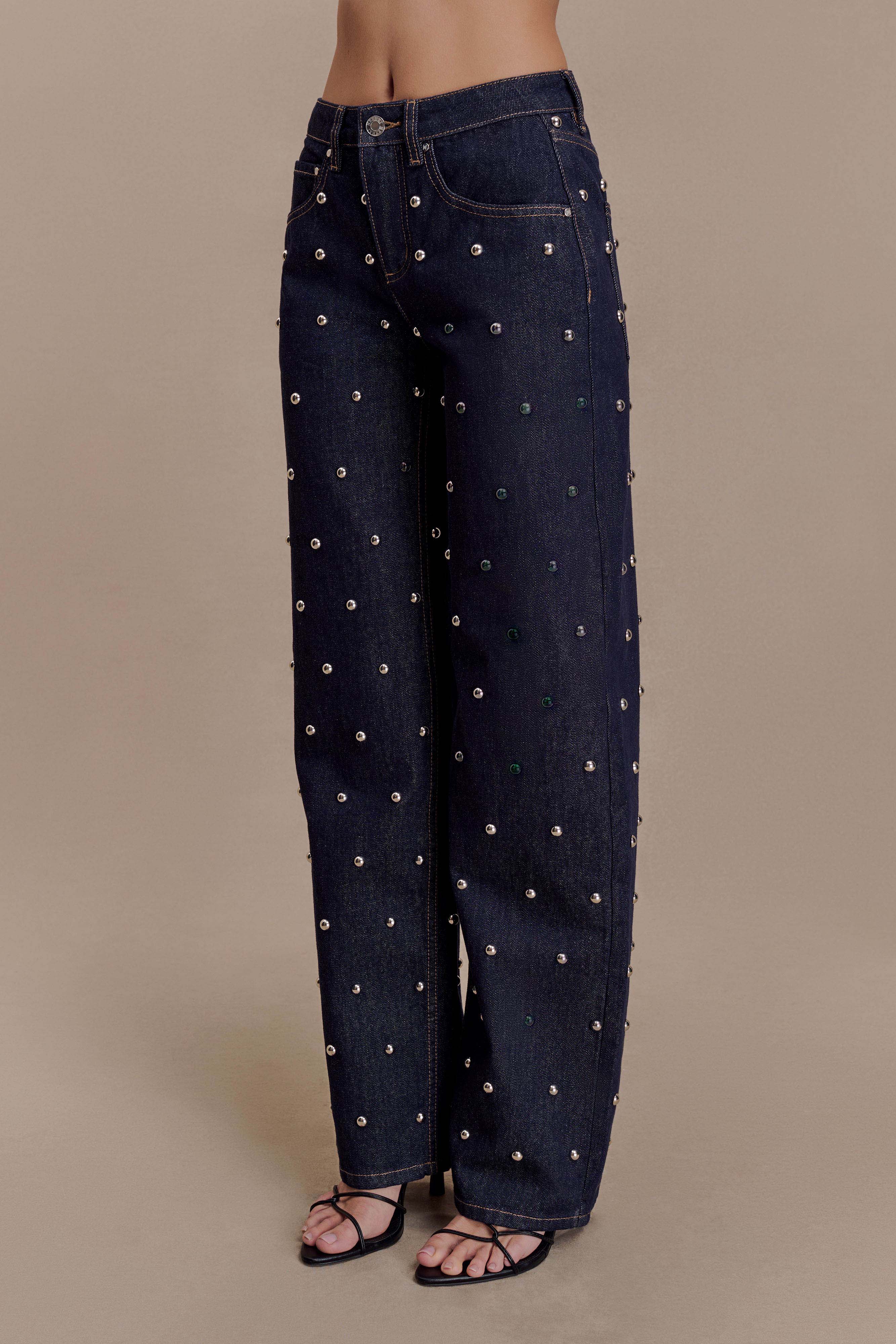 Alima Mid Rise Stud Denim Jeans - Washed Indigo Blue - Image 8
