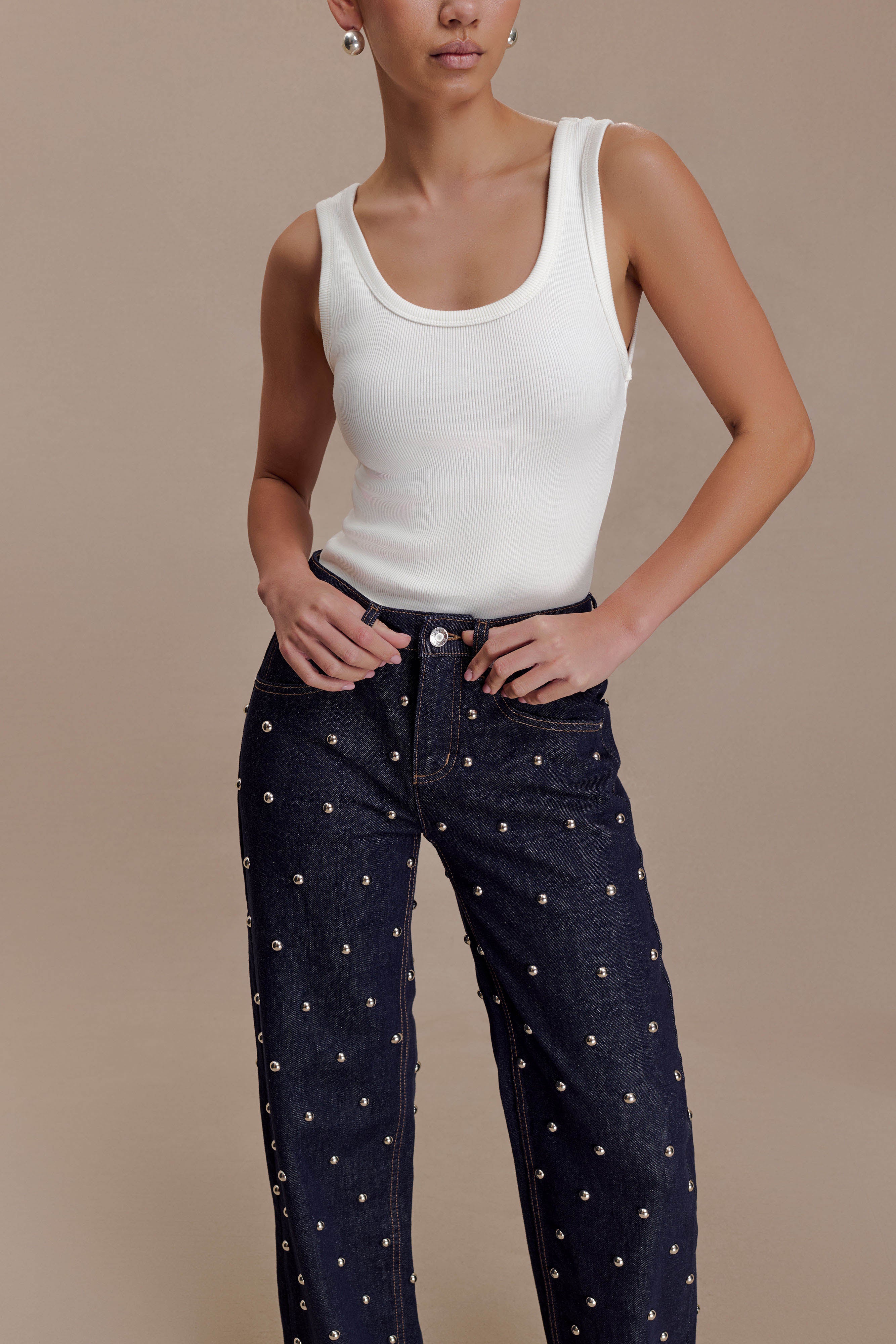 Alima Mid Rise Stud Denim Jeans - Washed Indigo Blue - Image 9