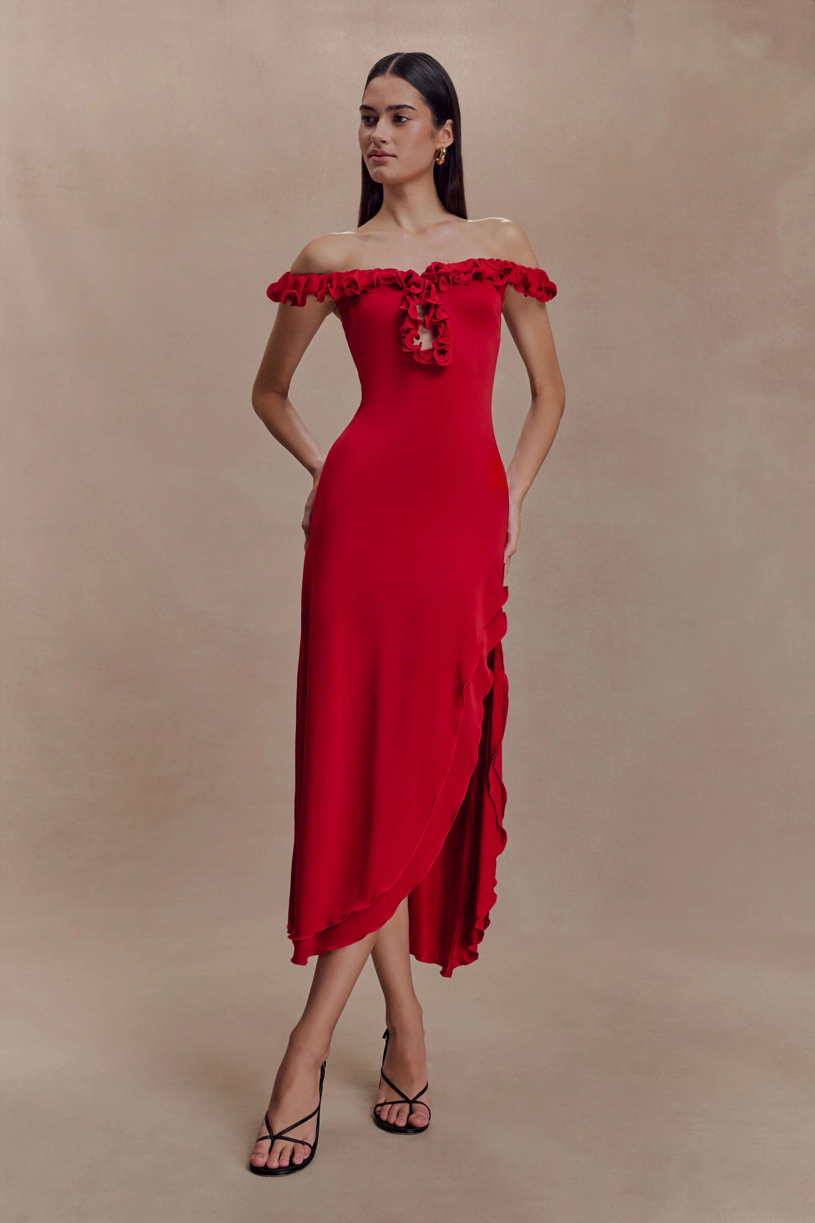 Allegra Off Shoulder Ruffle Midi Dress - Ruby - Image 6