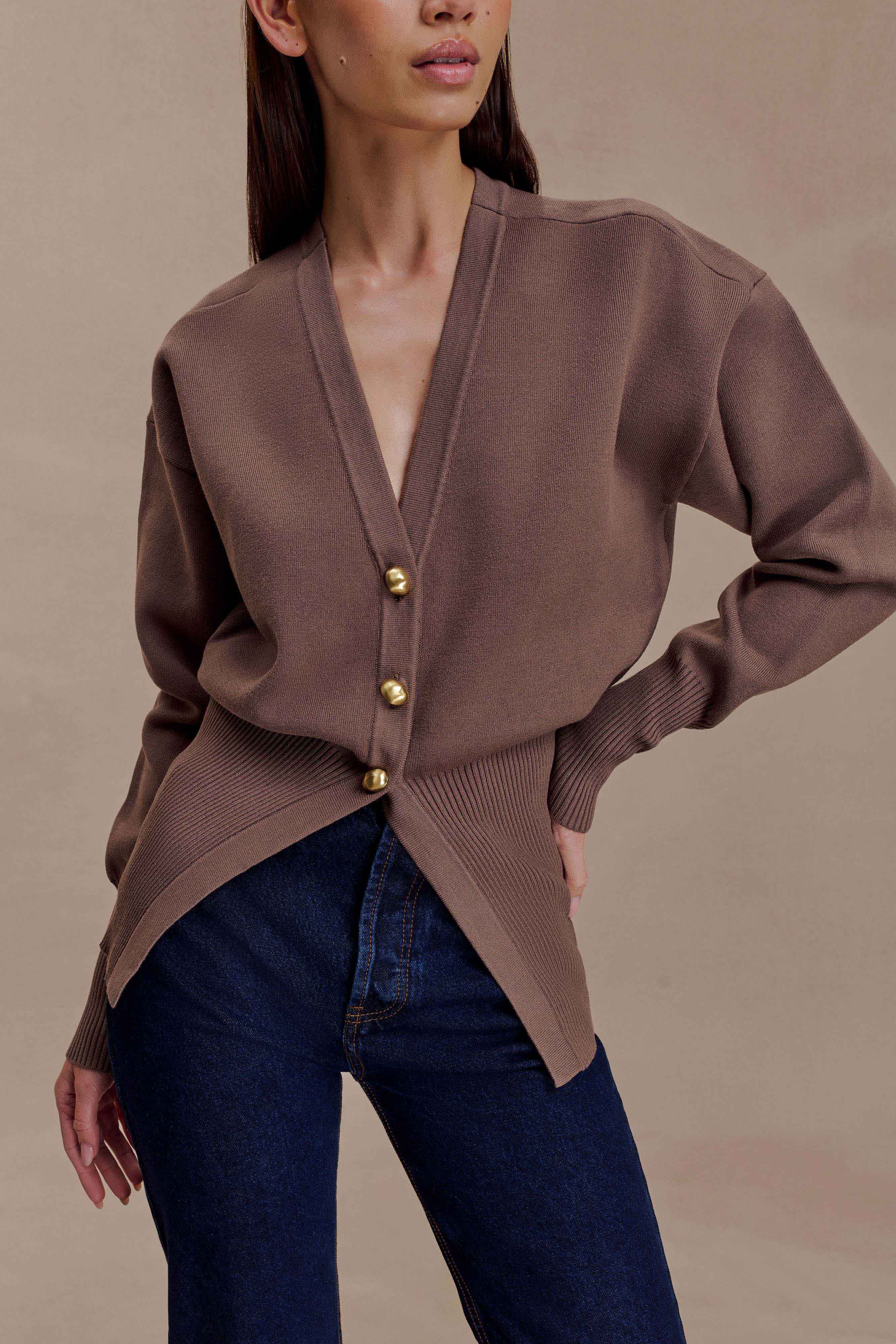 Amanda Statement Button Knit Cardigan - Cacao Brown - Image 2