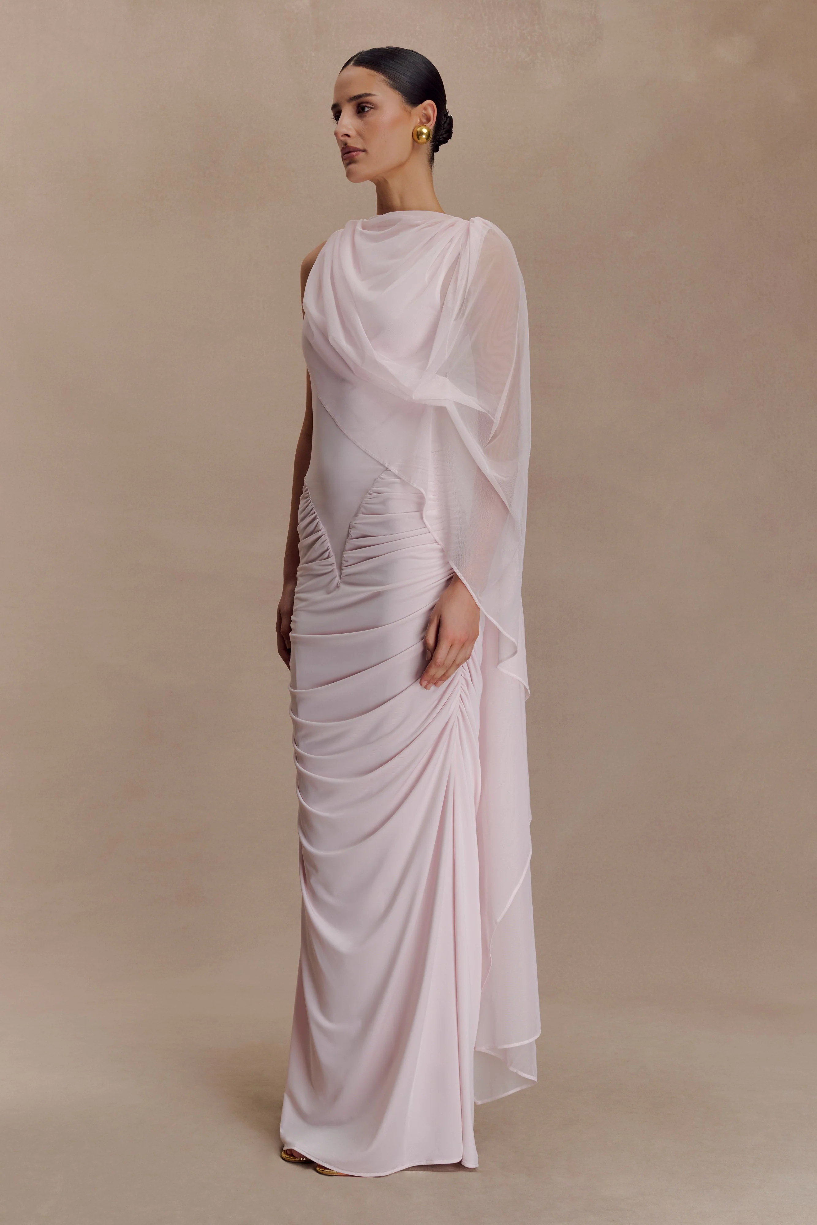 Amandine Ruched Slinky Maxi Dress - Pale Pink - Image 3