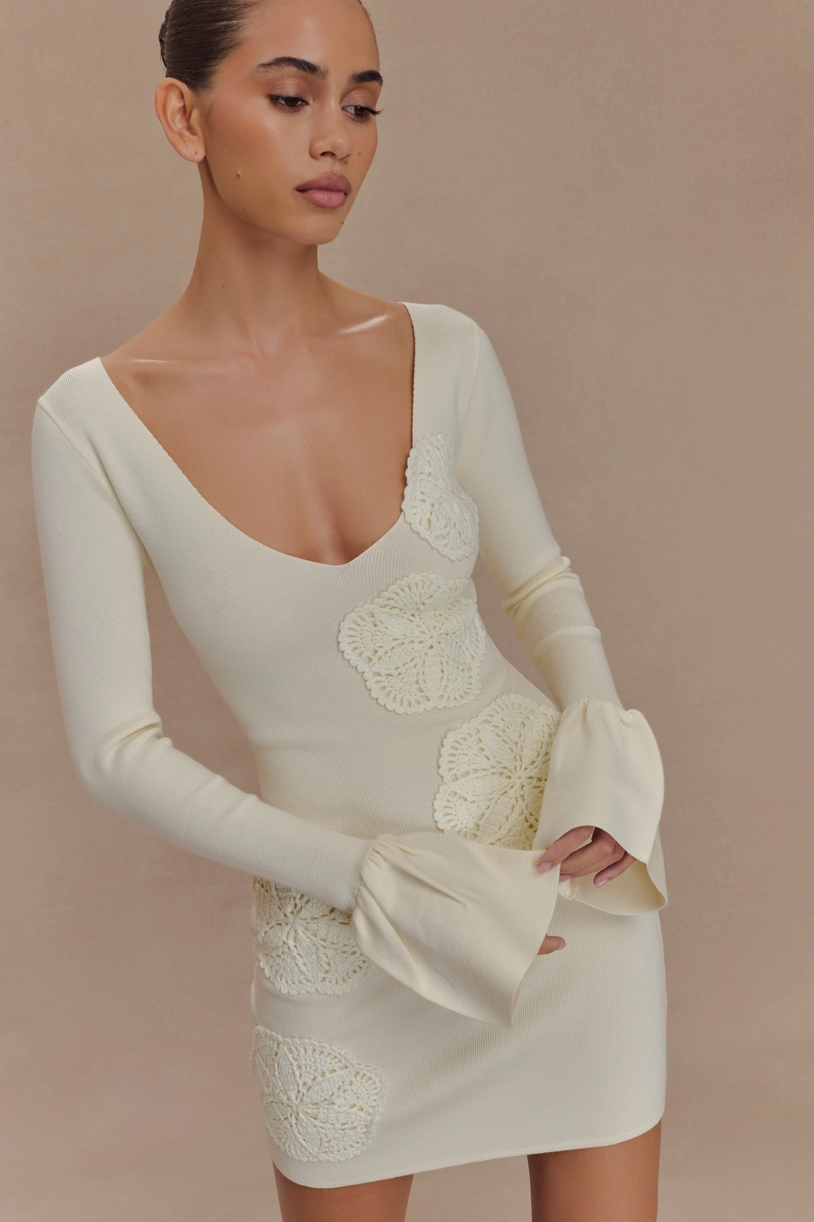 Amari Knit Crochet Knit Mini Dress - Ivory - Image 3
