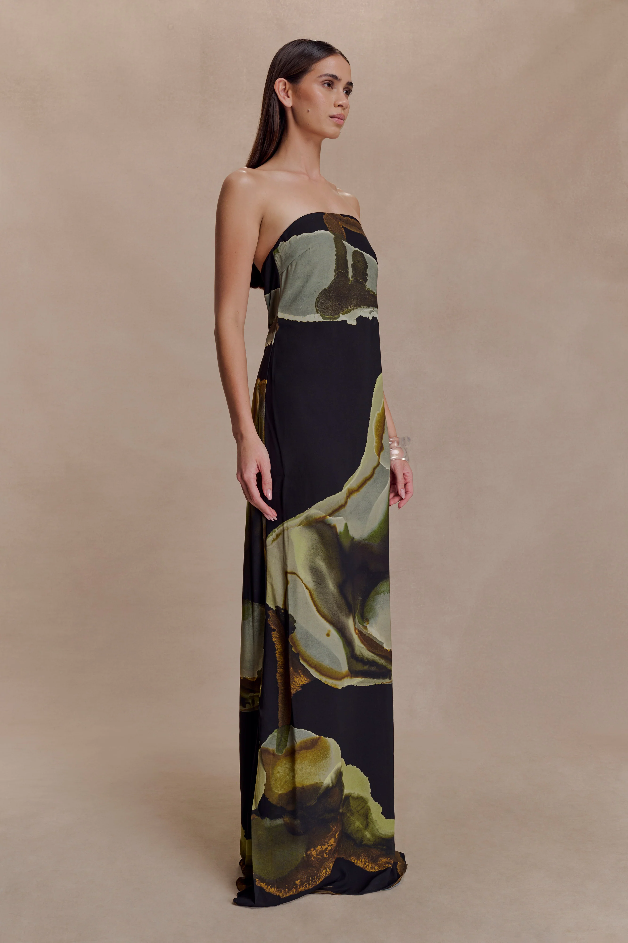 Amaya Strapless Chiffon Maxi Dress - Green Fluid Reverie Print - Image 2