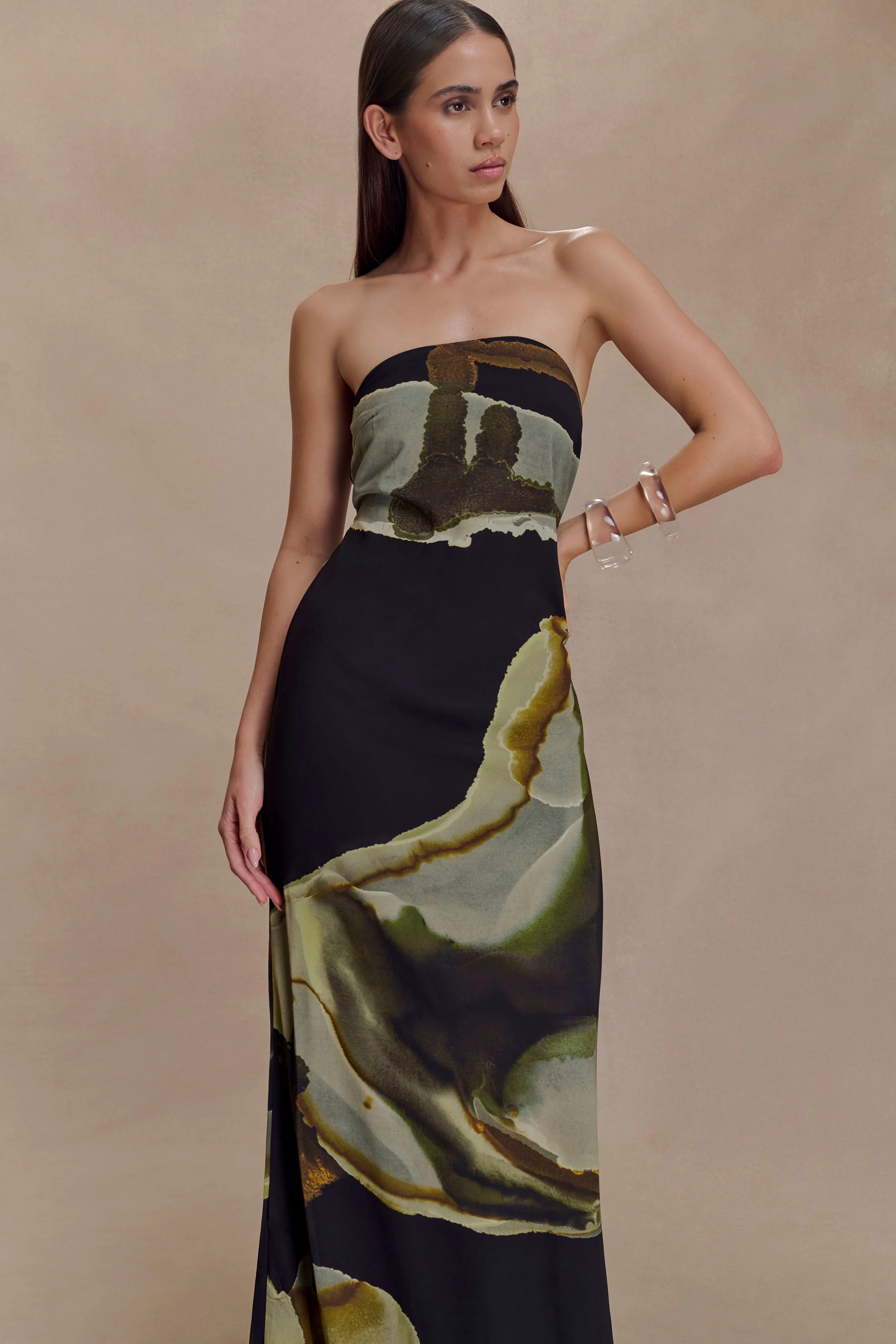 Amaya Strapless Chiffon Maxi Dress - Green Fluid Reverie Print - Image 3