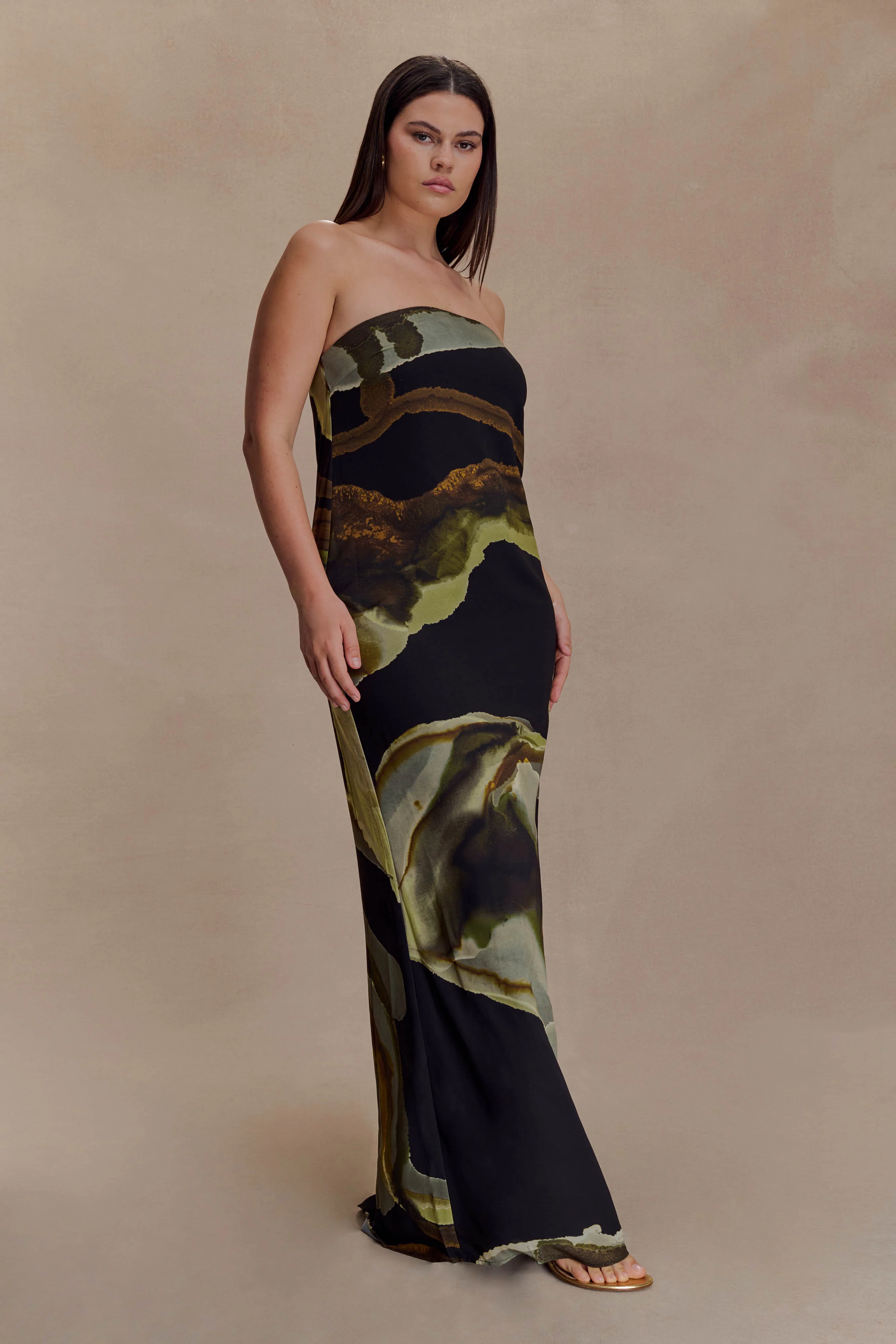 Amaya Strapless Chiffon Maxi Dress - Green Fluid Reverie Print - Image 4