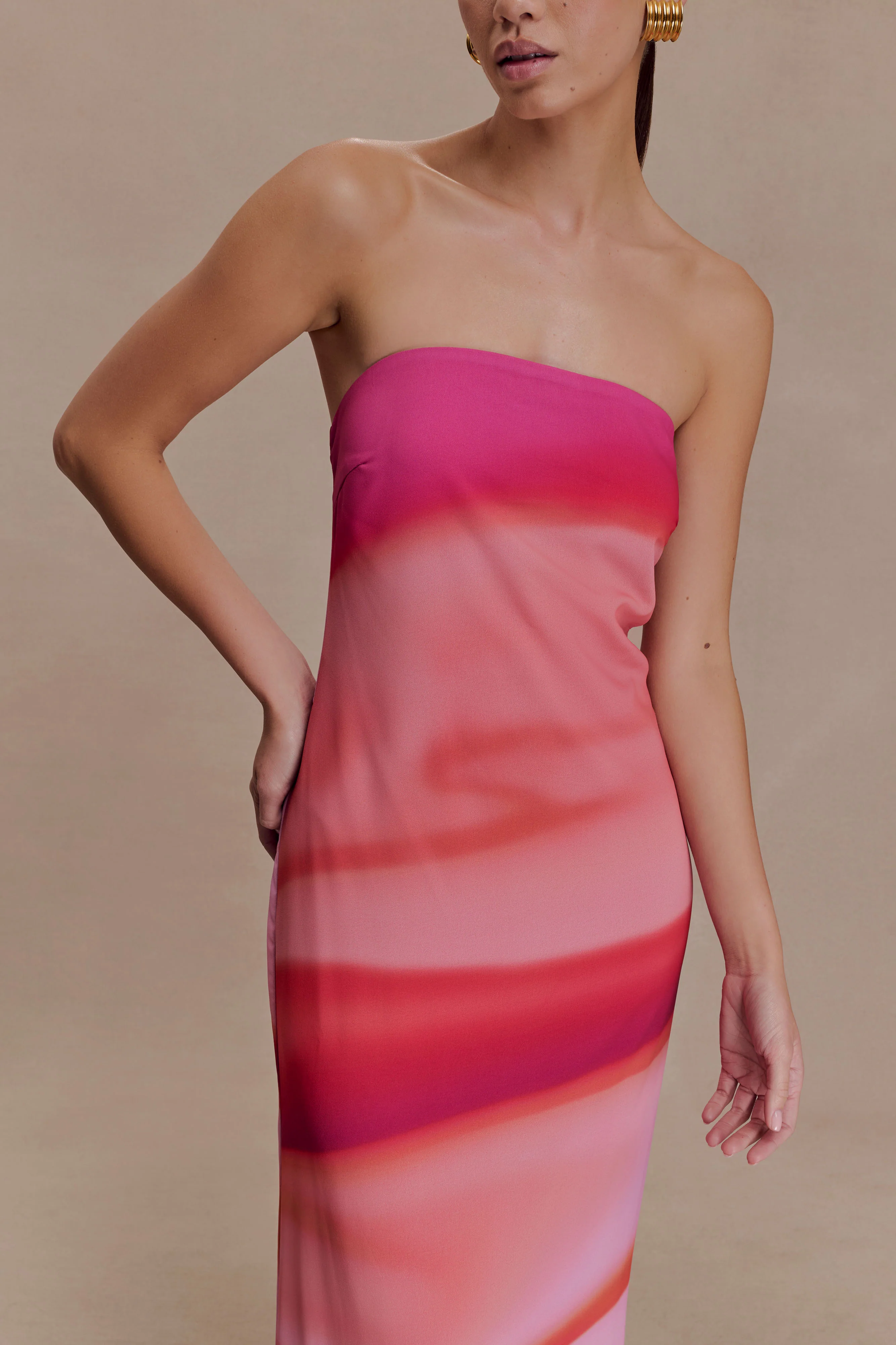 Amaya Strapless Chiffon Maxi Dress - Pink Sunset Print - Image 3