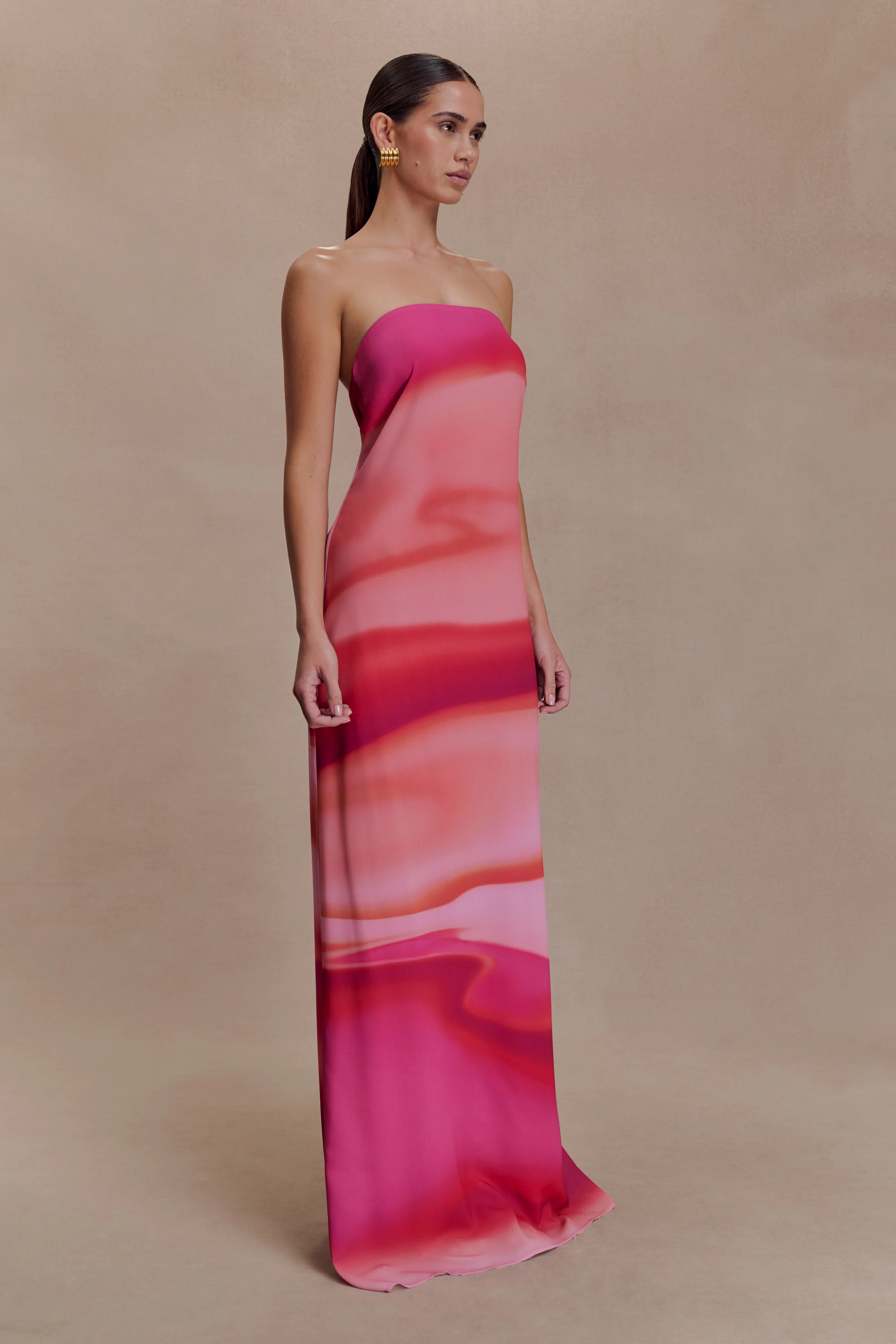 Amaya Strapless Chiffon Maxi Dress - Pink Sunset Print - Image 4