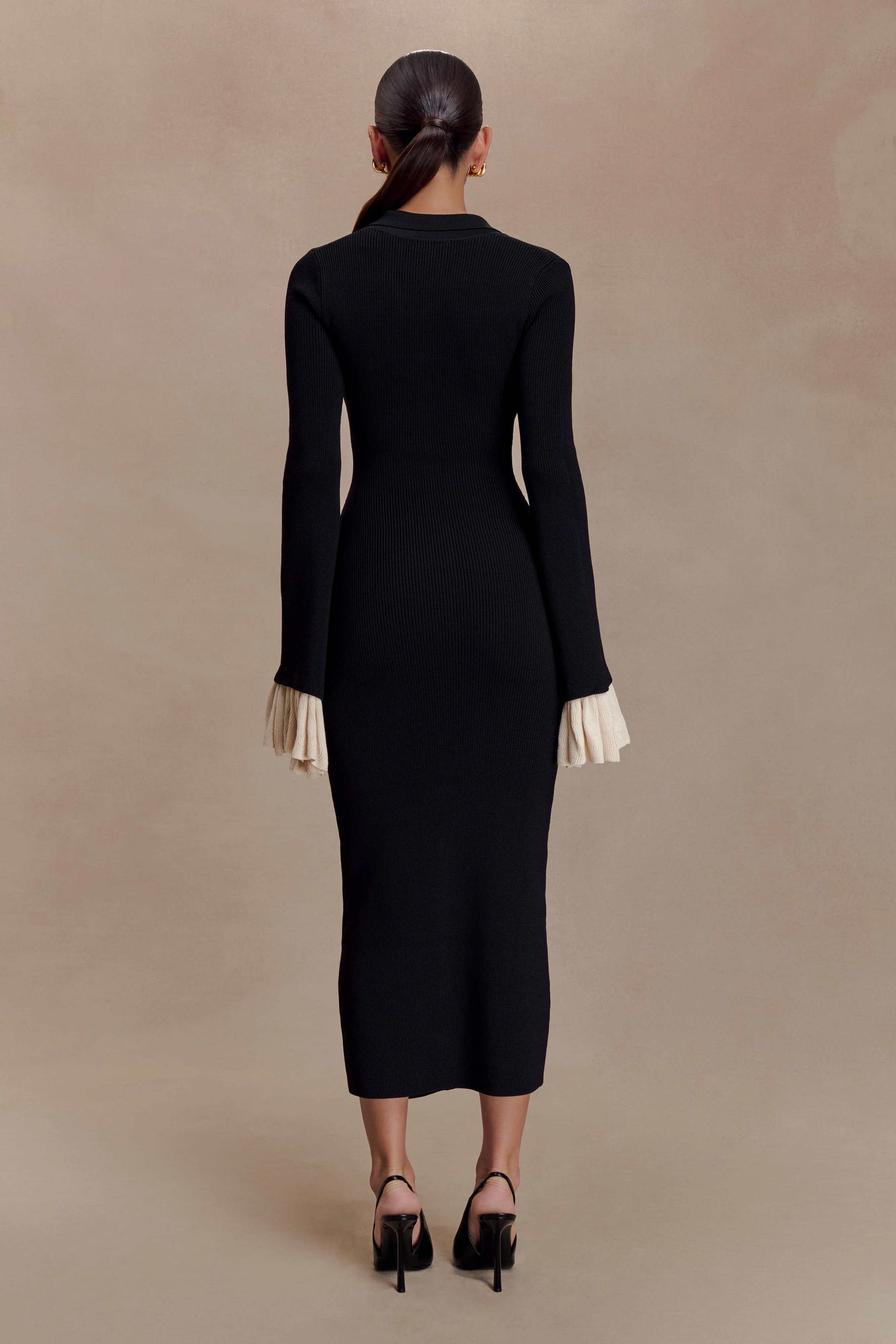Amirose Ruffle Knit Midi Dress - Black - Image 2