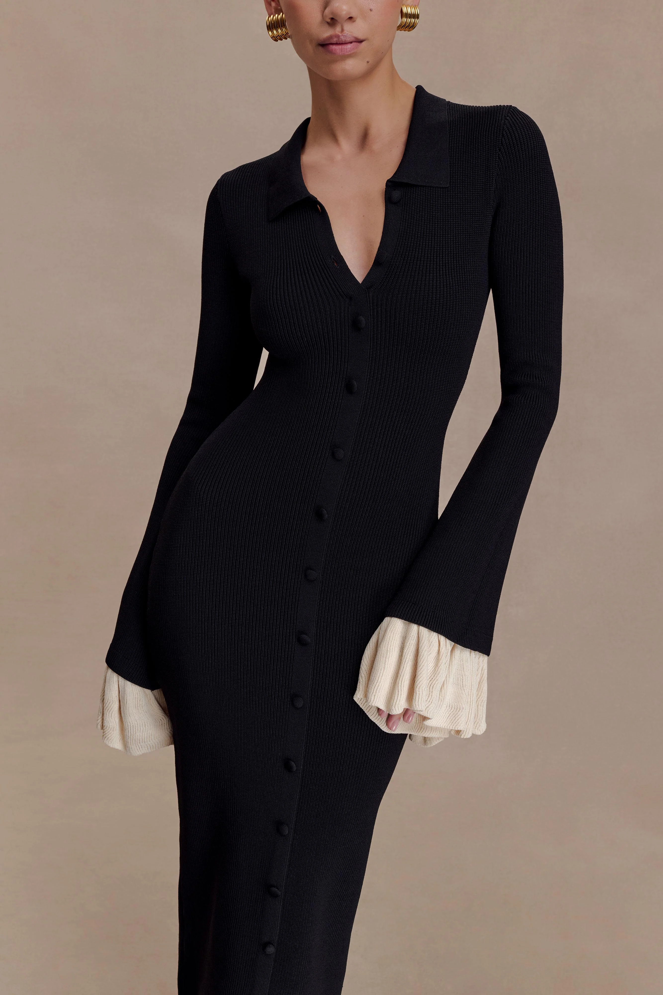 Amirose Ruffle Knit Midi Dress - Black - Image 3