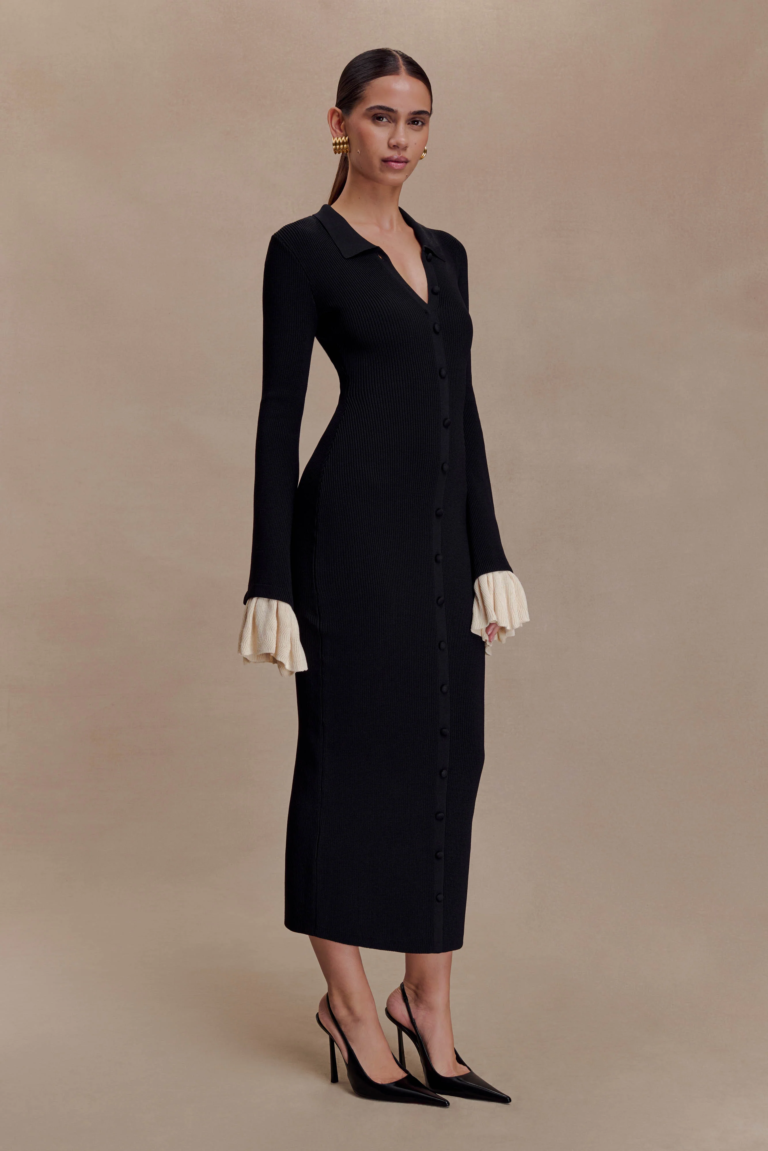 Amirose Ruffle Knit Midi Dress - Black - Image 4