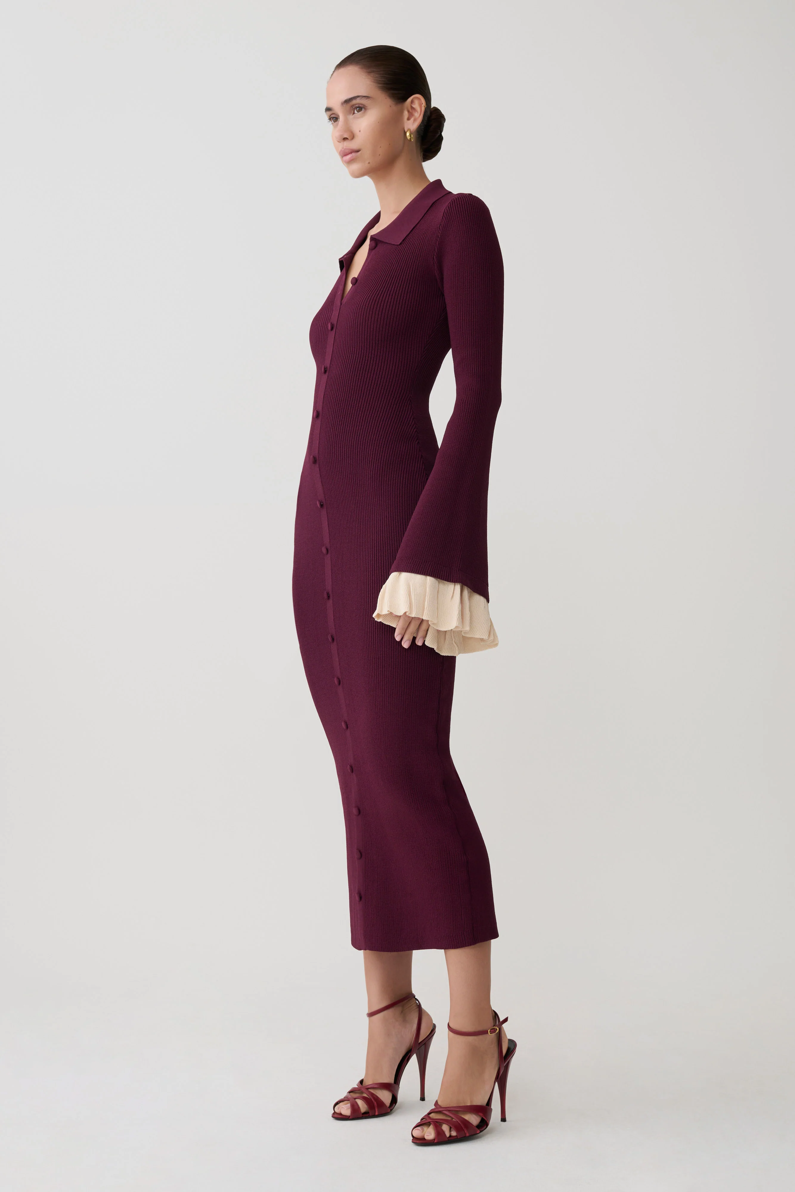 Amirose Ruffle Knit Midi Dress - Plum - Image 2