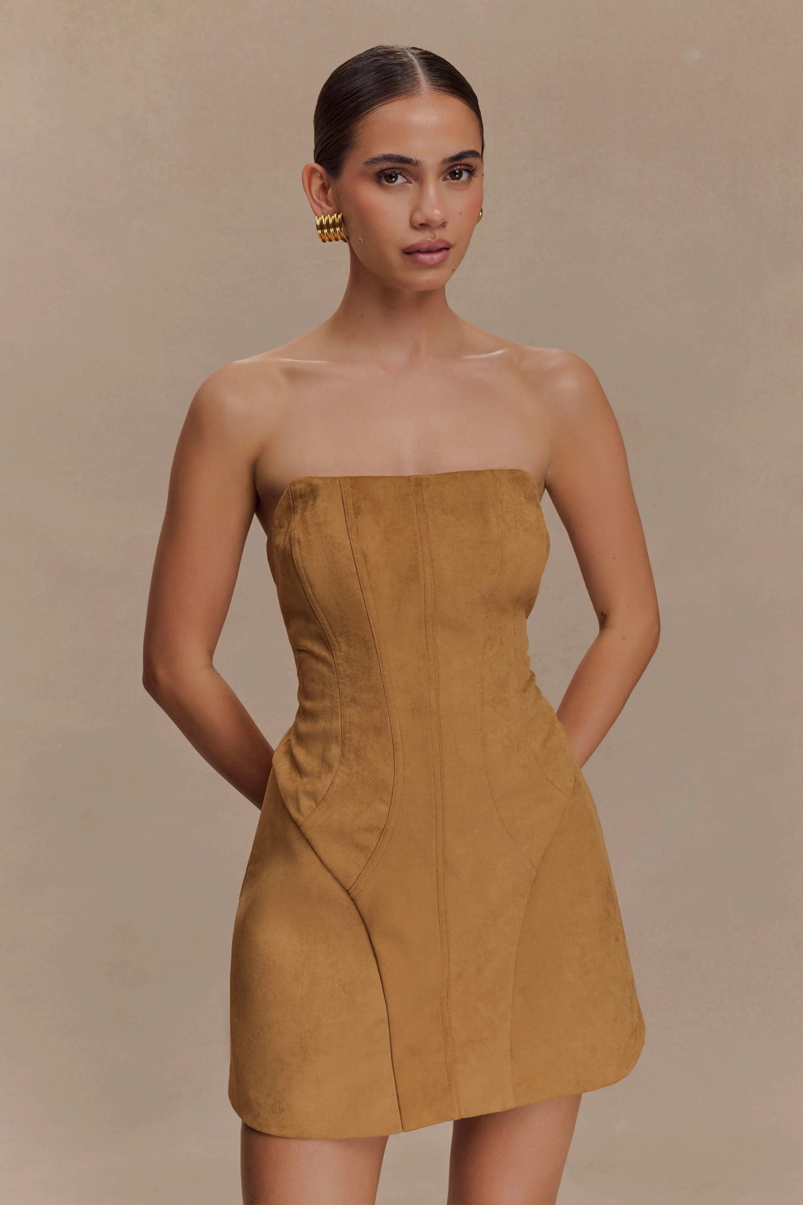 Andy Faux Suede Mini Dress - Camel - Image 3