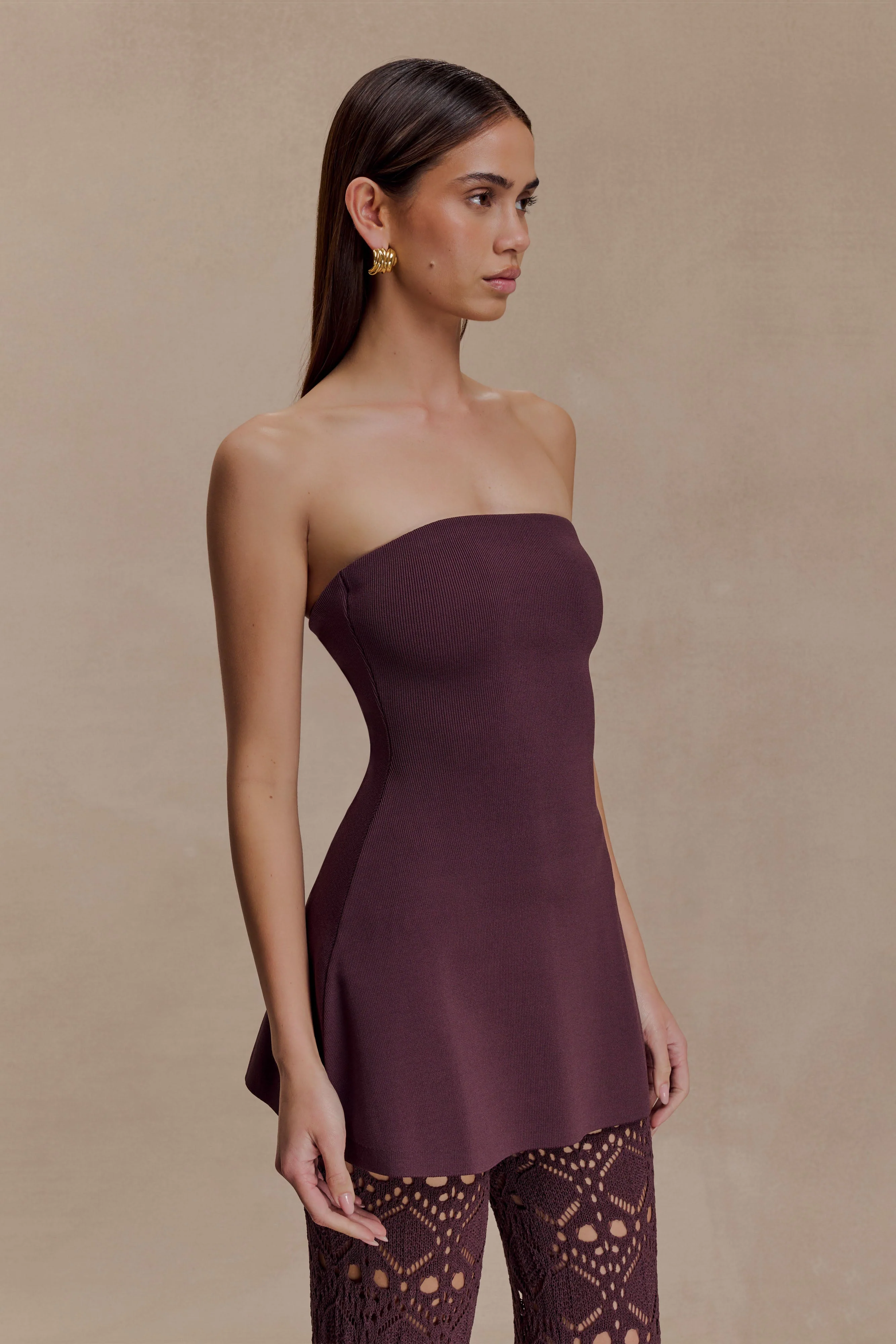 Anette Bandage Knit Strapless Top - Chocolate - Image 3