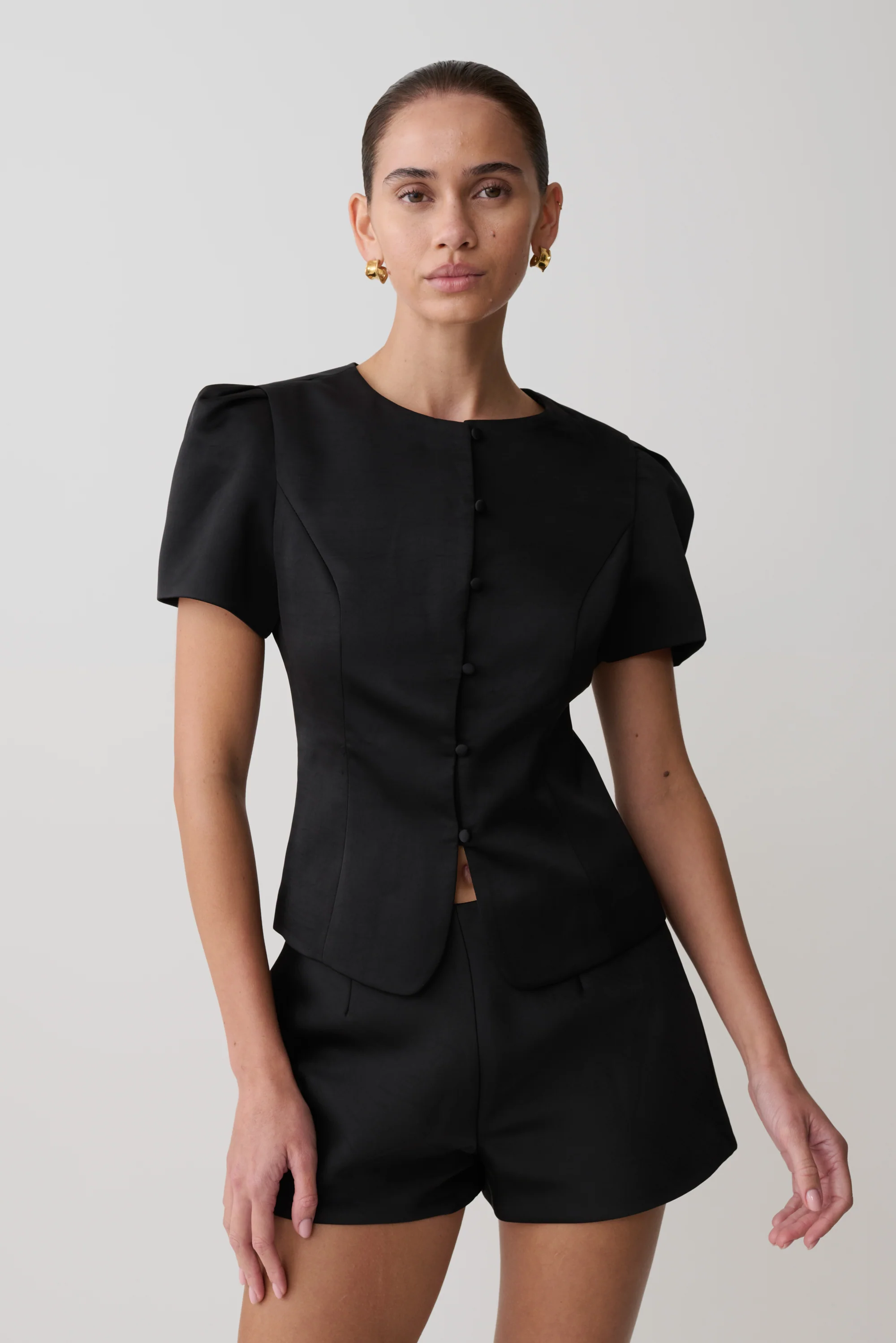 Anne Short Sleeve Satin Top - Black - Image 2