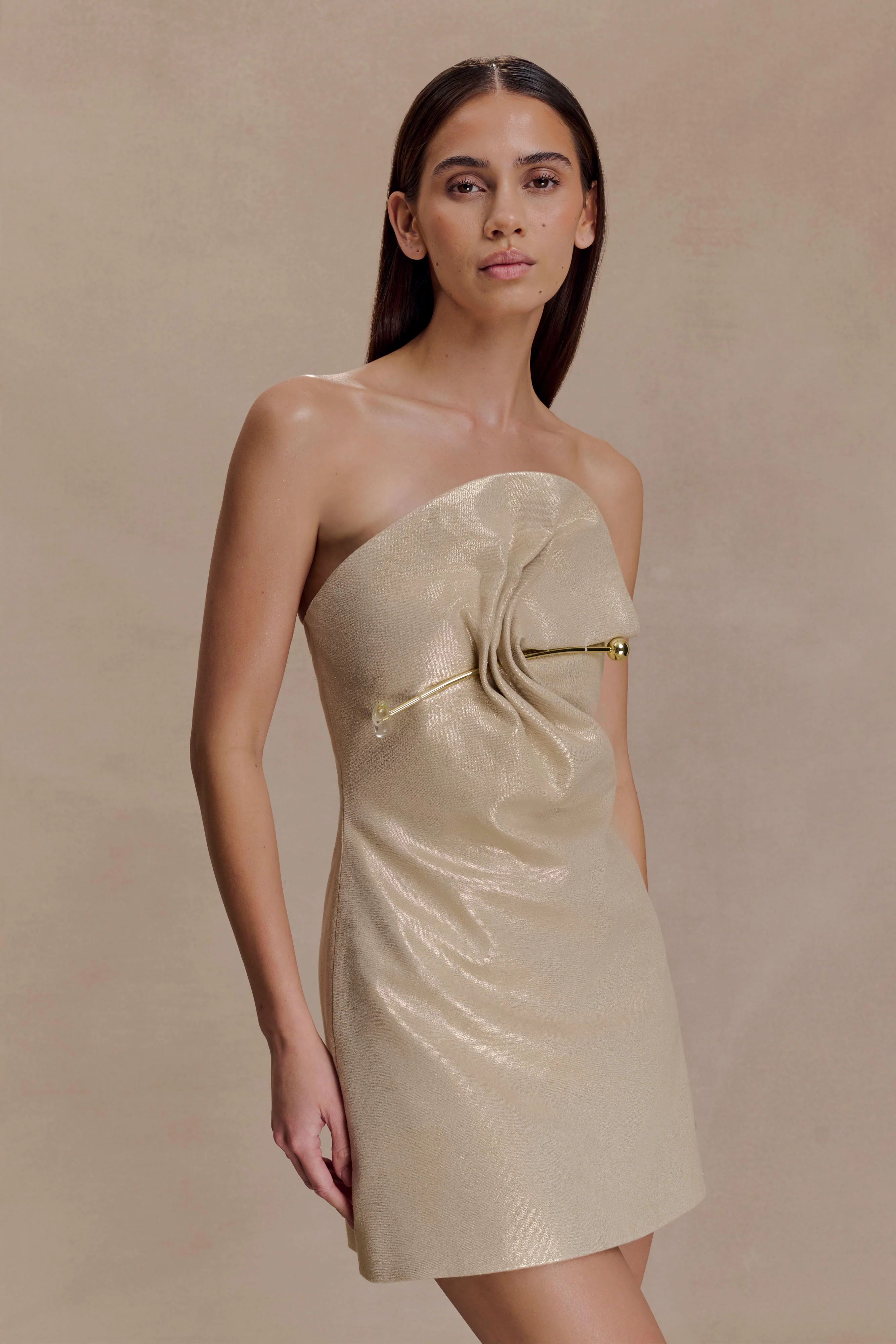Annette Linen Mini Dress - Gold - Image 3