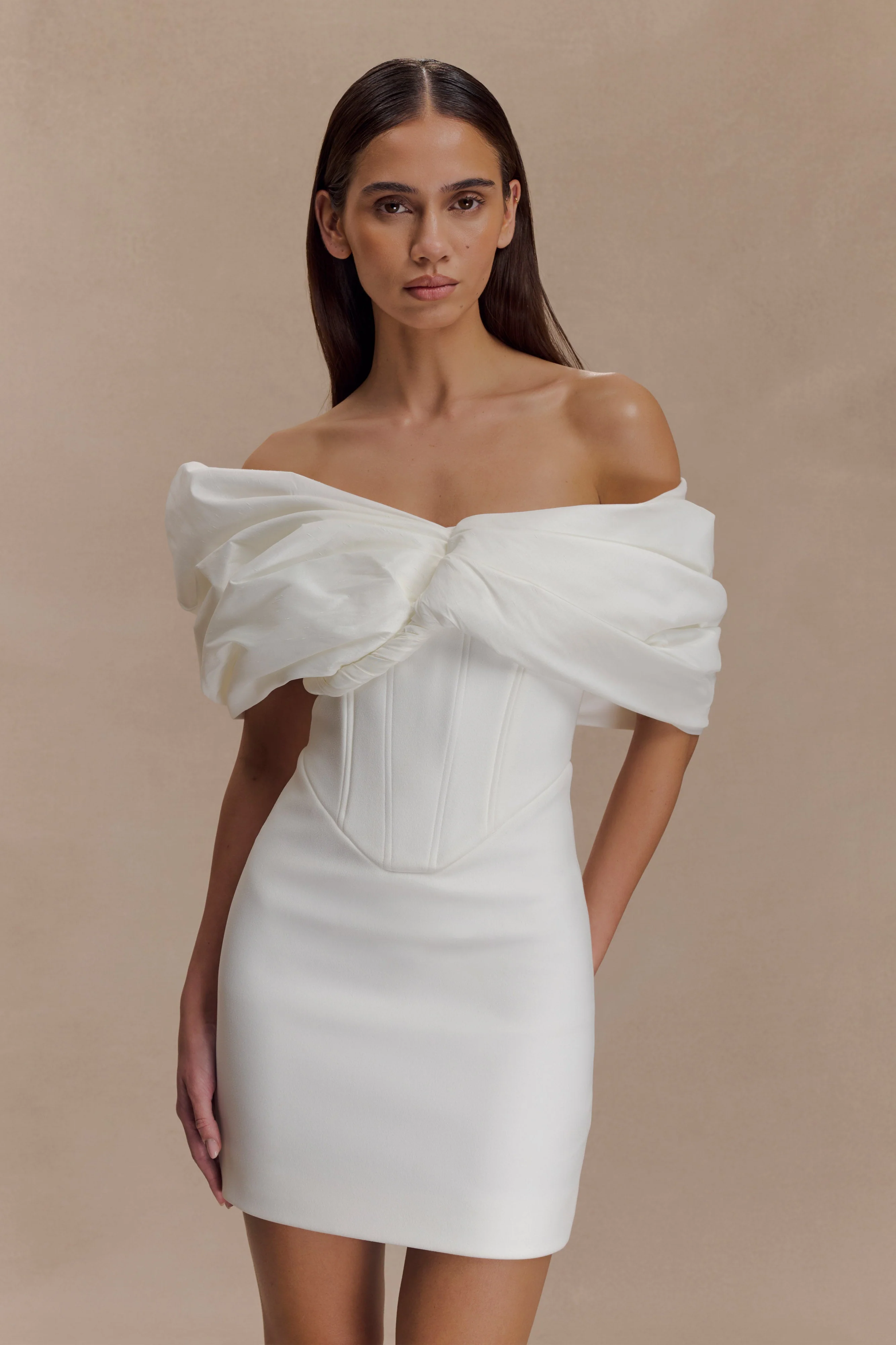 Aphrodite Off Shoulder Crepe Mini Dress - Ivory - Image 7