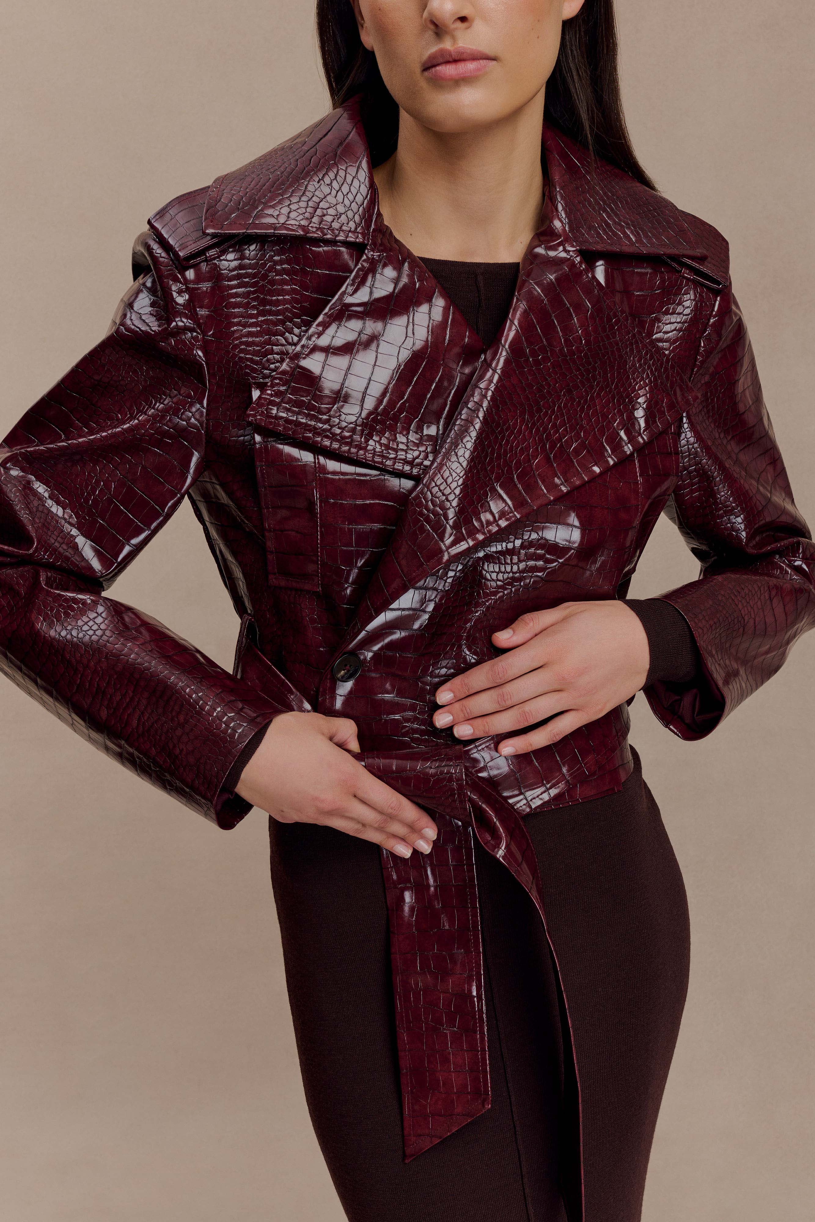 Archie Croc Faux Leather Cropped Jacket - Burgundy - Image 3