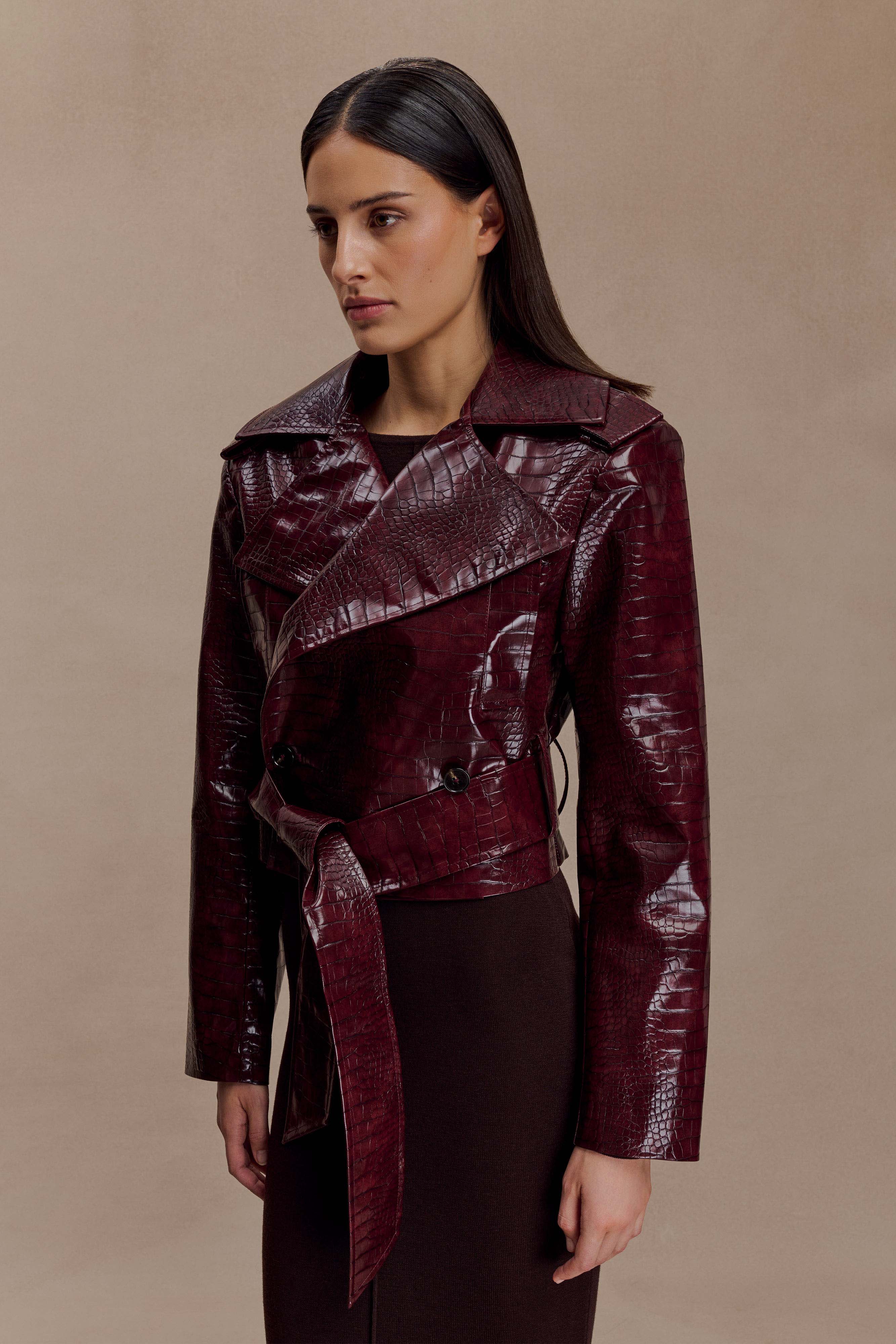 Archie Croc Faux Leather Cropped Jacket - Burgundy - Image 4