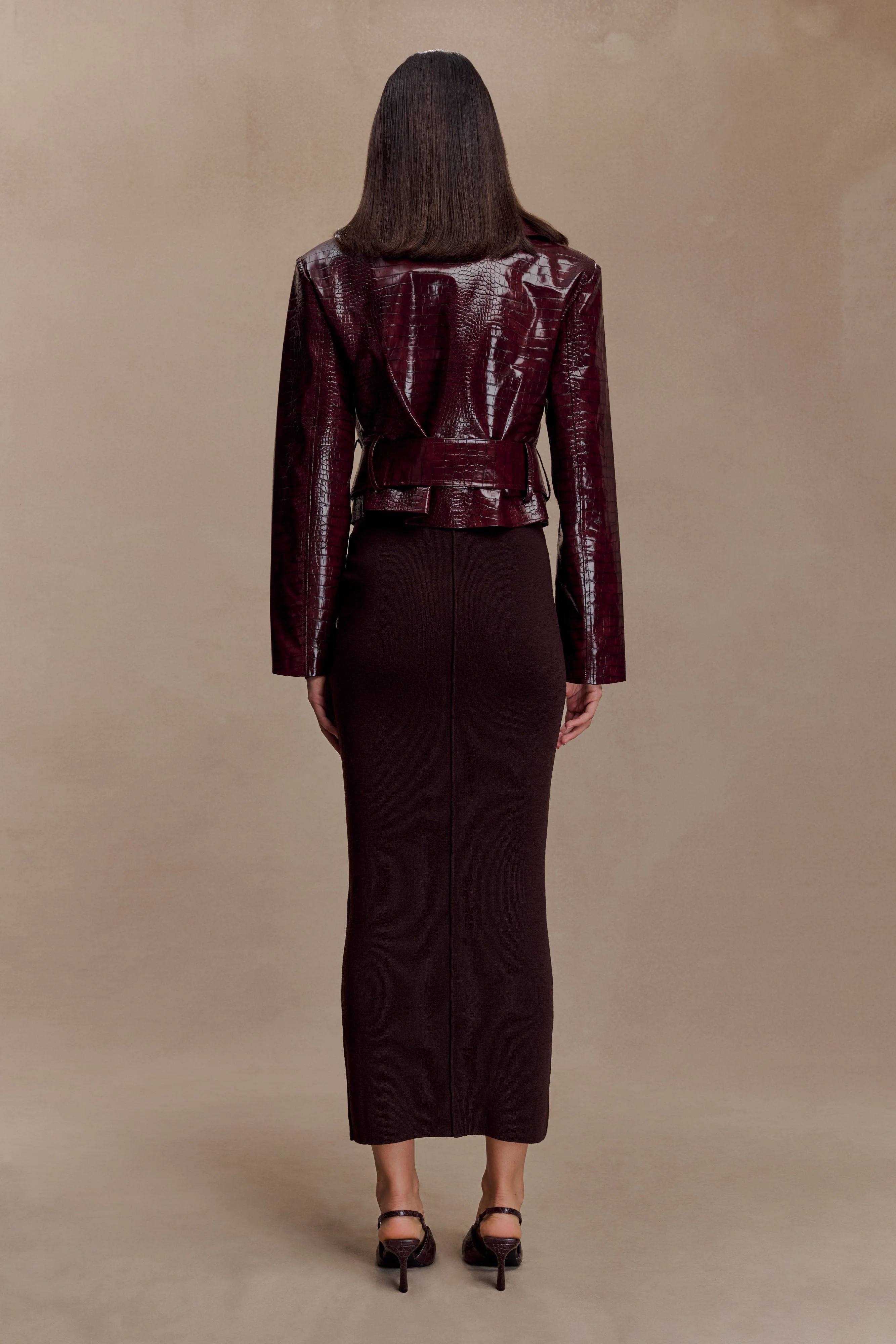 Archie Croc Faux Leather Cropped Jacket - Burgundy - Image 6