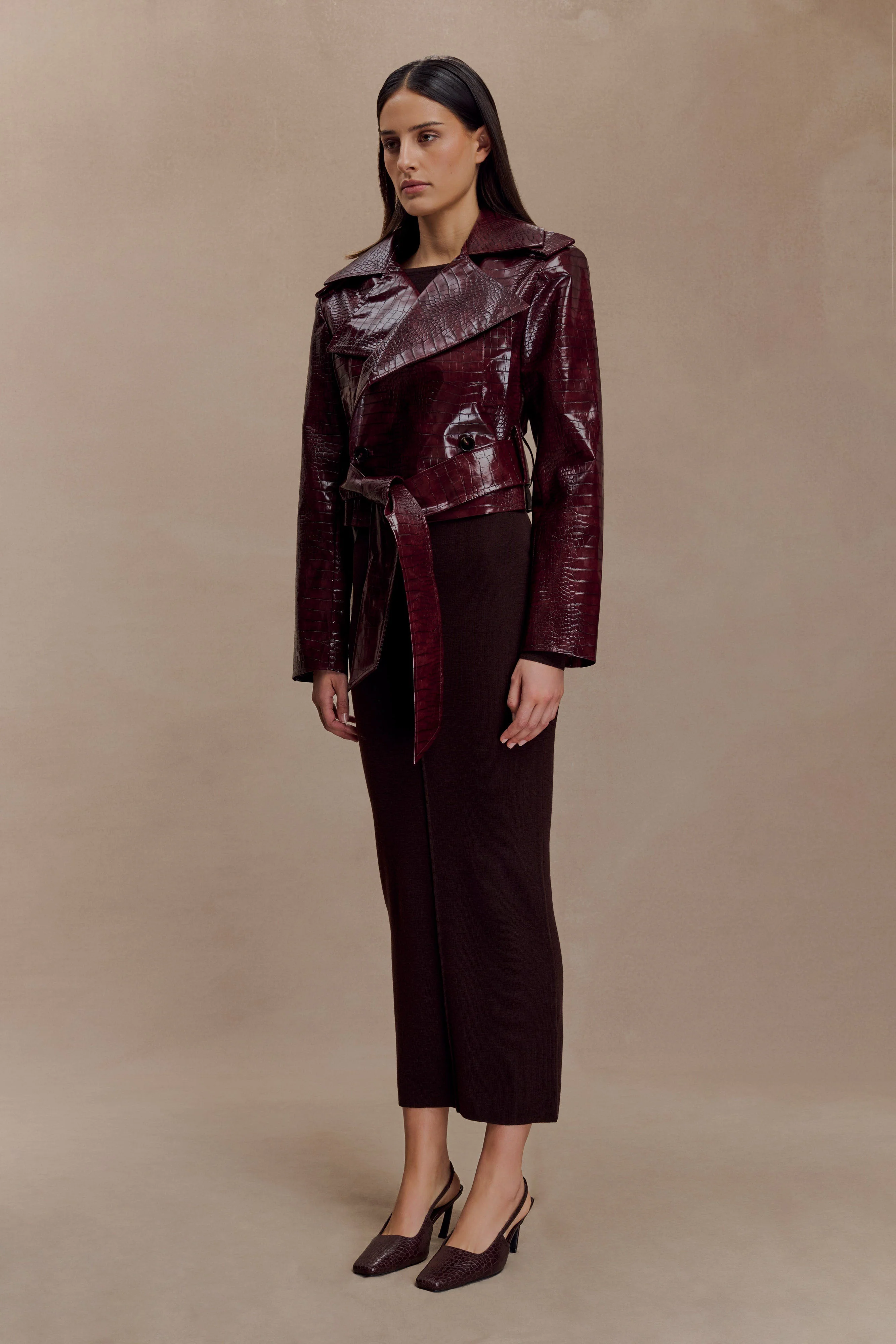 Archie Croc Faux Leather Cropped Jacket - Burgundy - Image 7