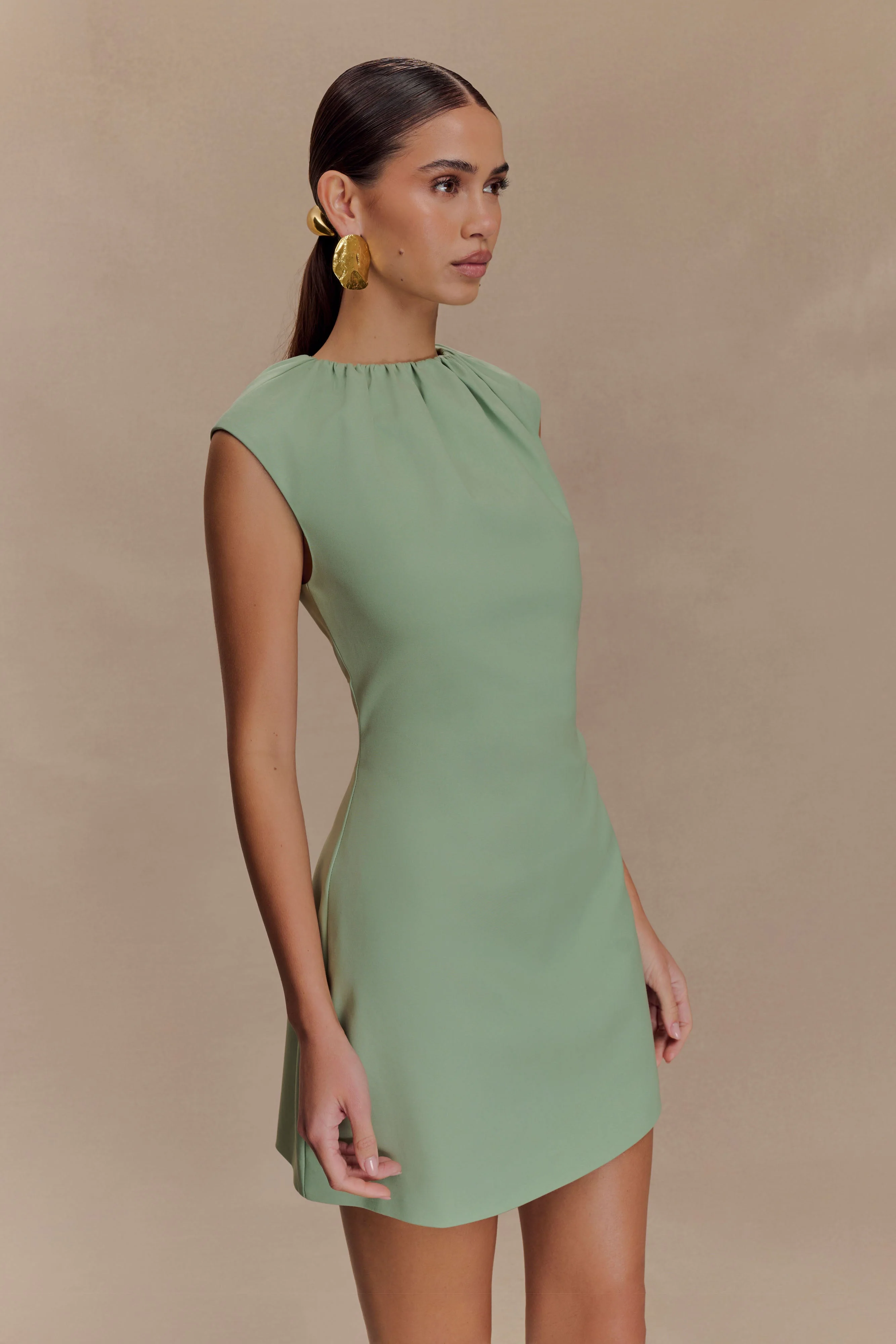 Ariana Pleated Neck Mini Dress - Sage - Image 4