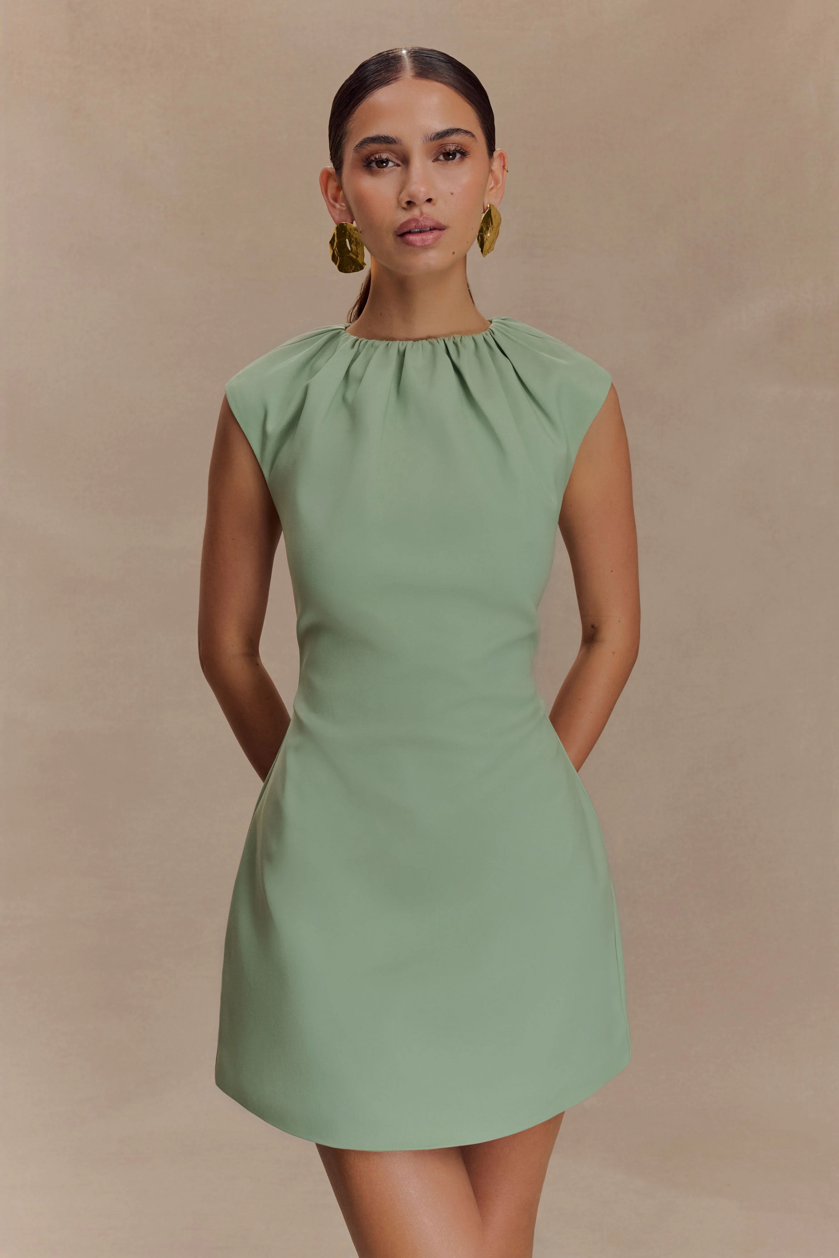 Ariana Pleated Neck Mini Dress - Sage - Image 6