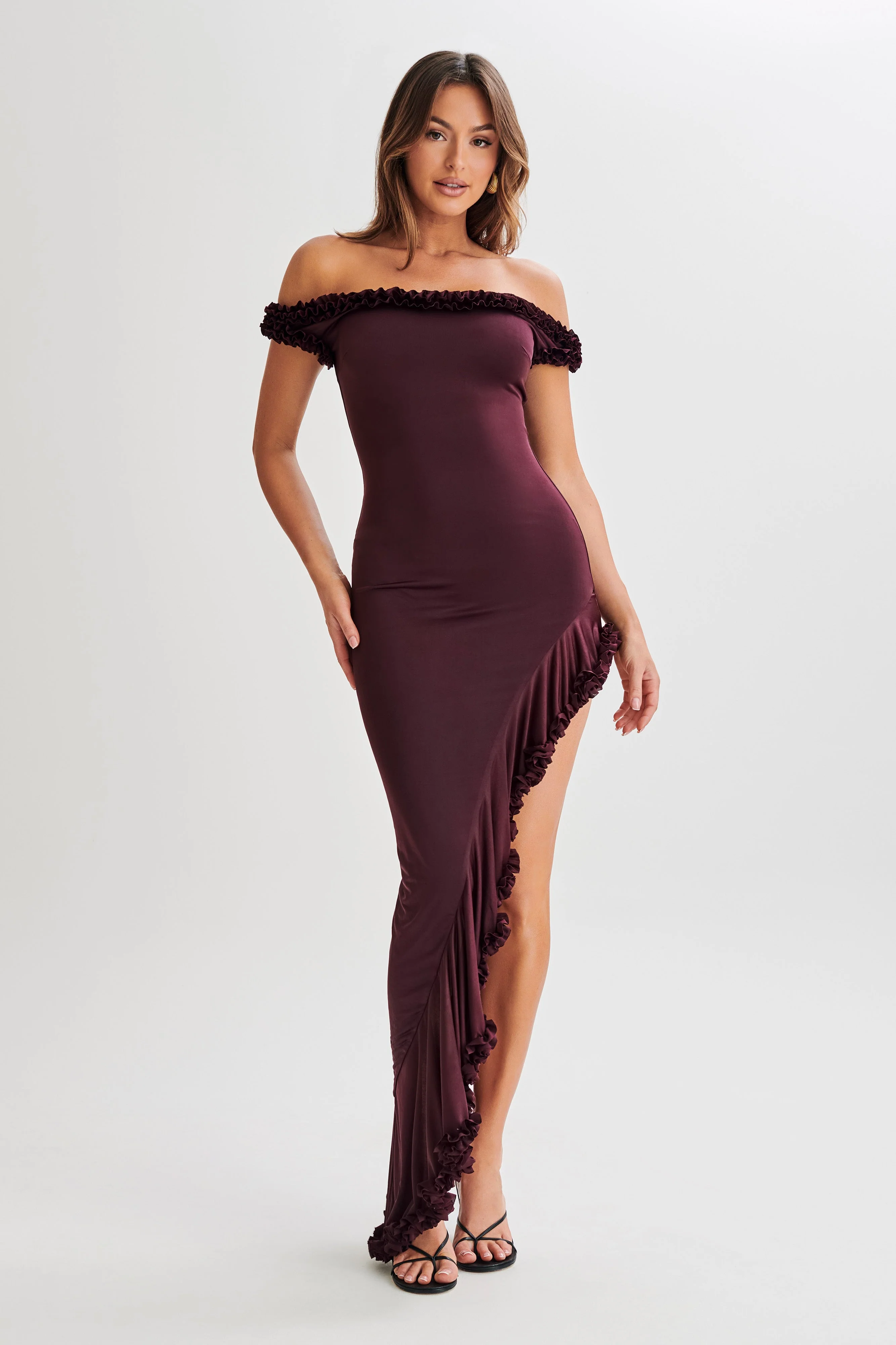 Arielle Off Shoulder Ruffle Midi Dress - Plum - Image 3