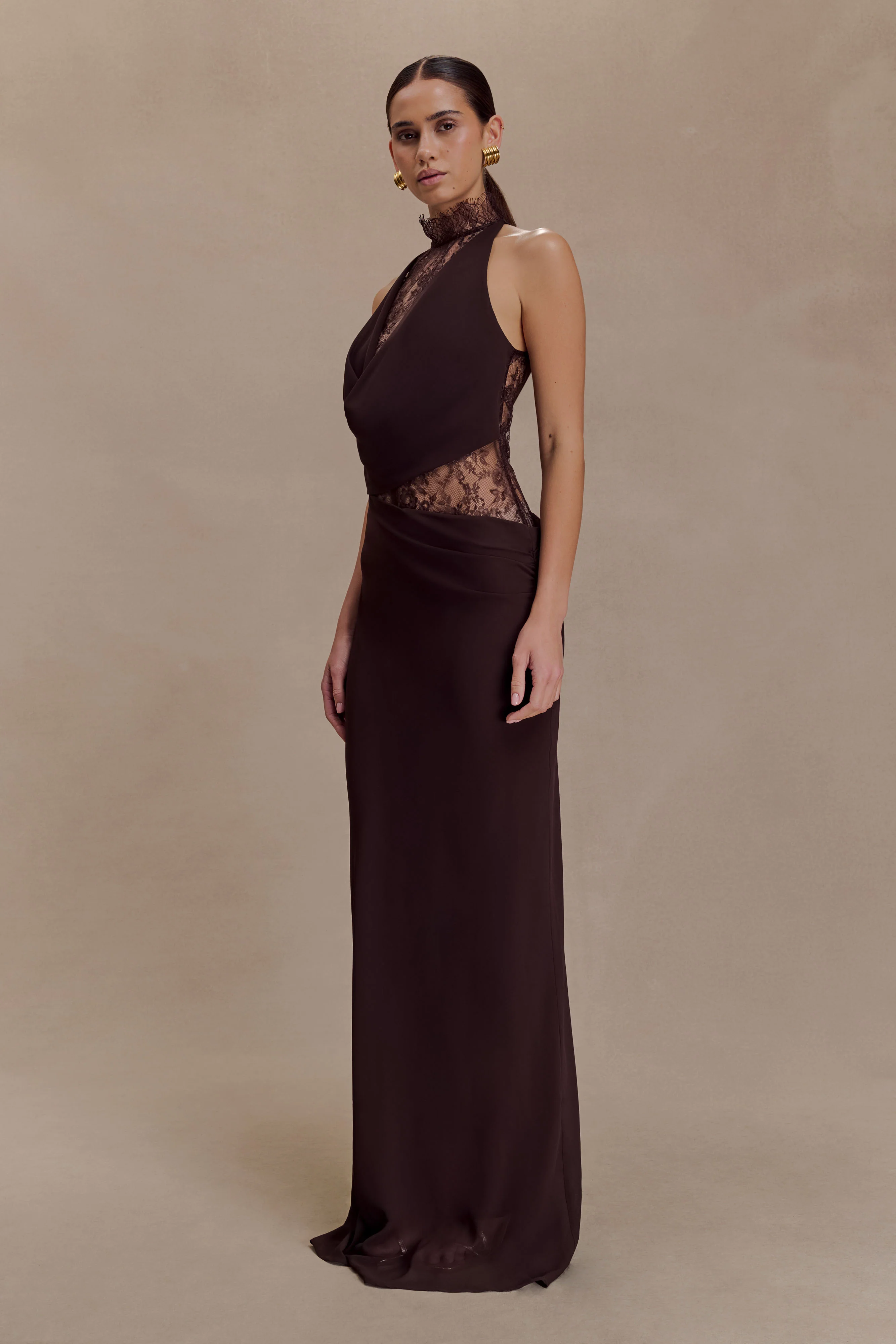 Arra Chiffon And Lace Halter Maxi Dress - Cacao Brown - Image 4
