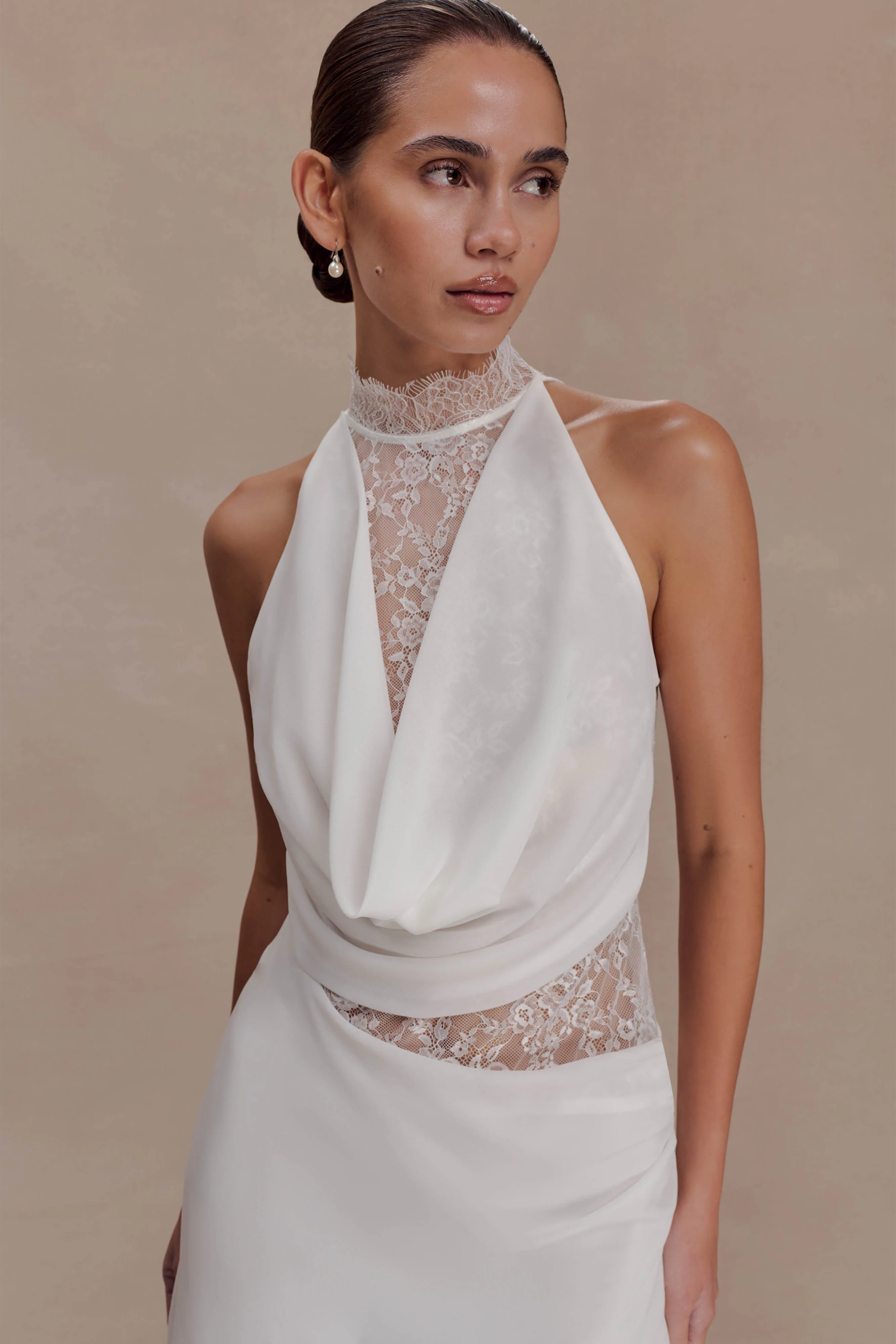 Arra Chiffon And Lace Halter Mini Dress - White - Image 3