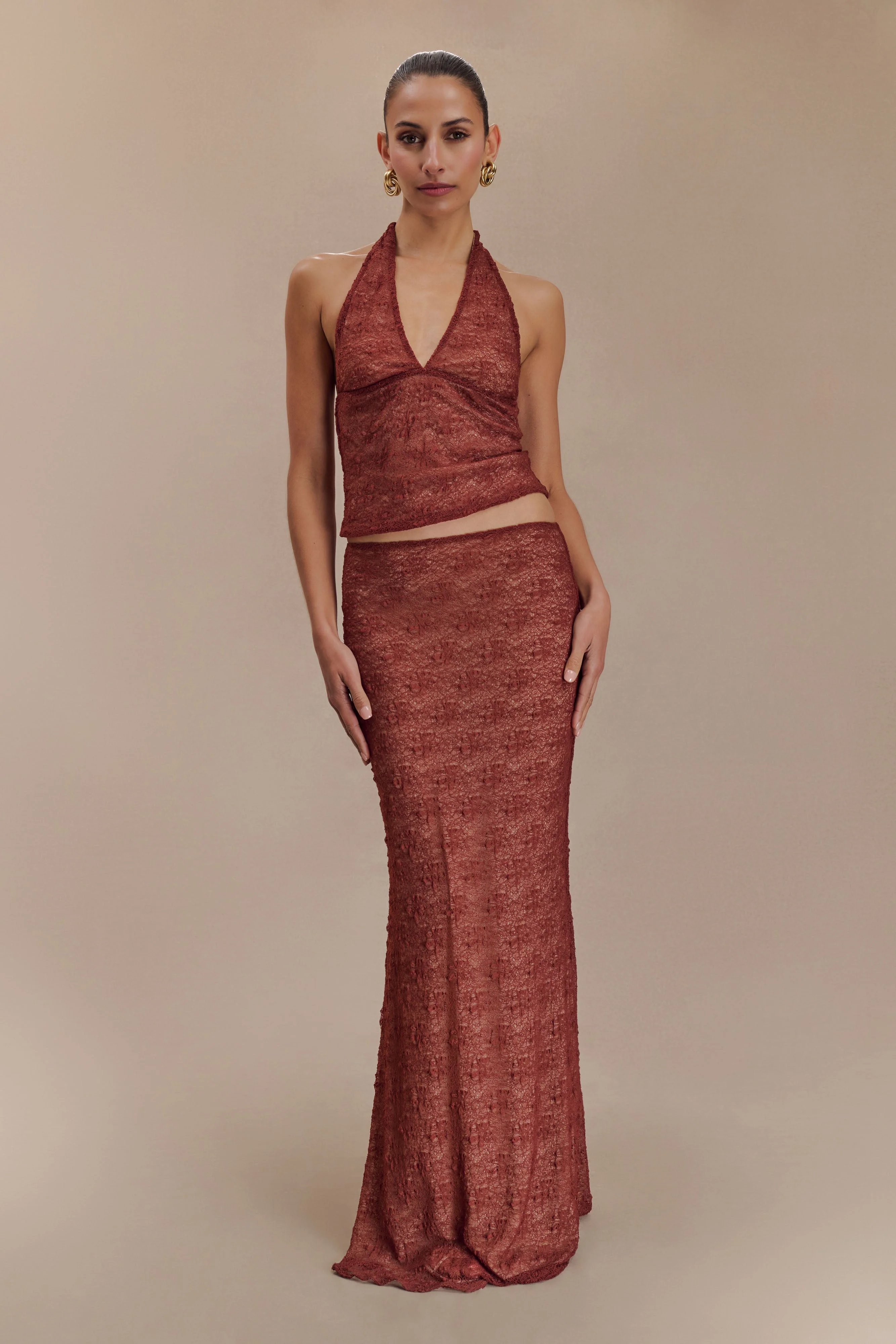 Asher Sheer Lace Halter Top - Chilli - Image 9