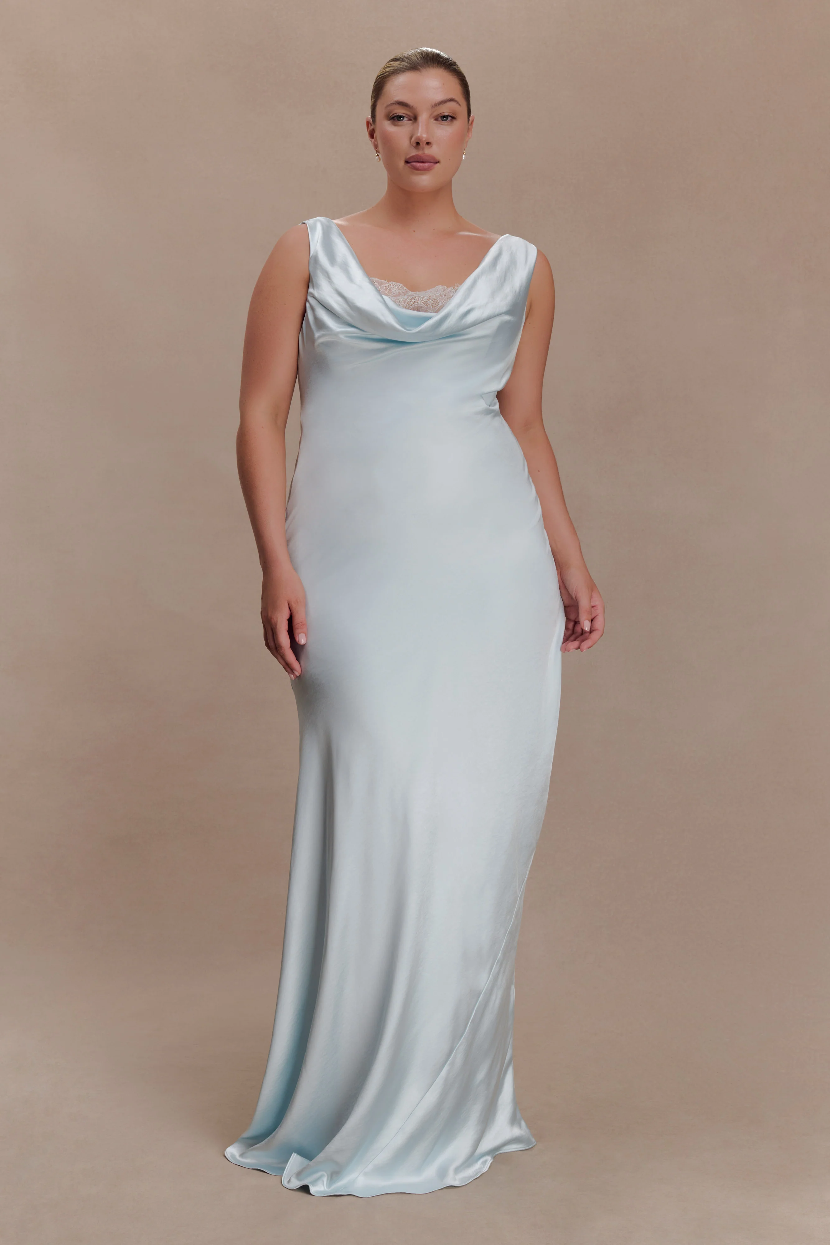 Ashley Cowl Neck Lace And Satin Maxi Dress - Ice Blue - Image 2