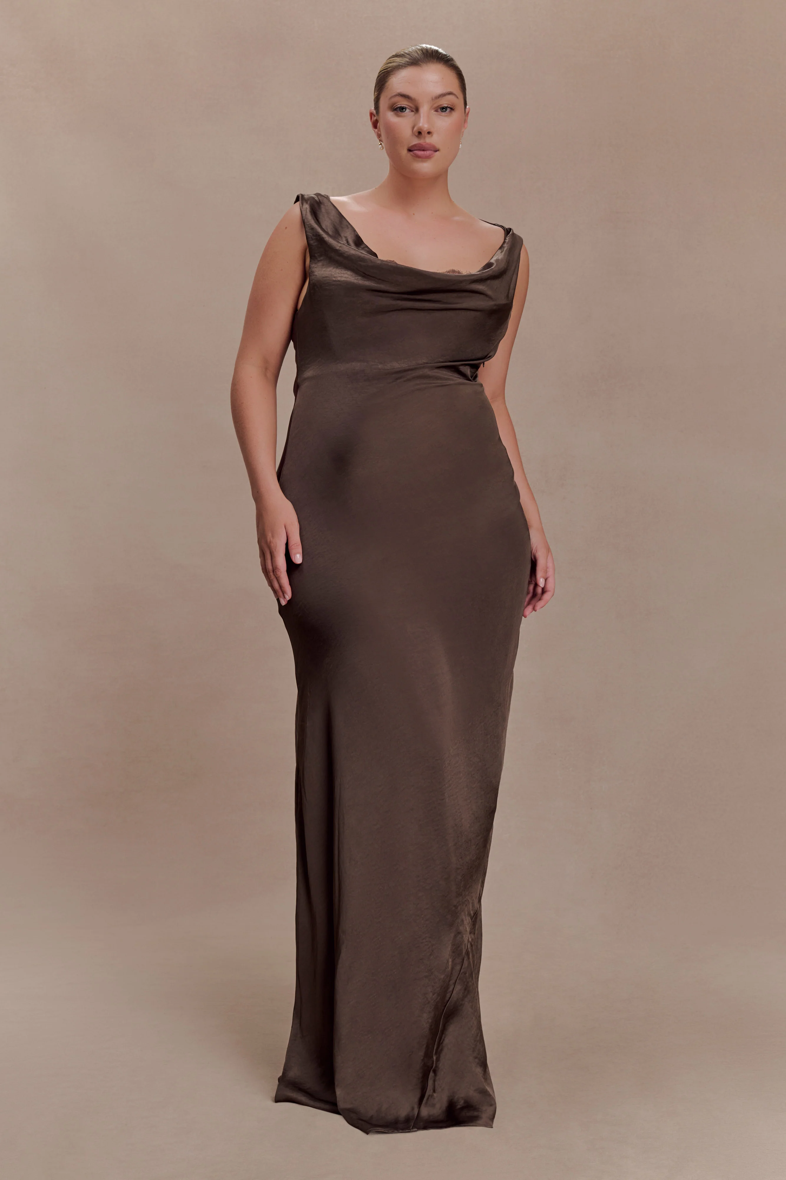 Ashley Cowl Neck Lace And Satin Maxi Dress - Mocha - Image 2