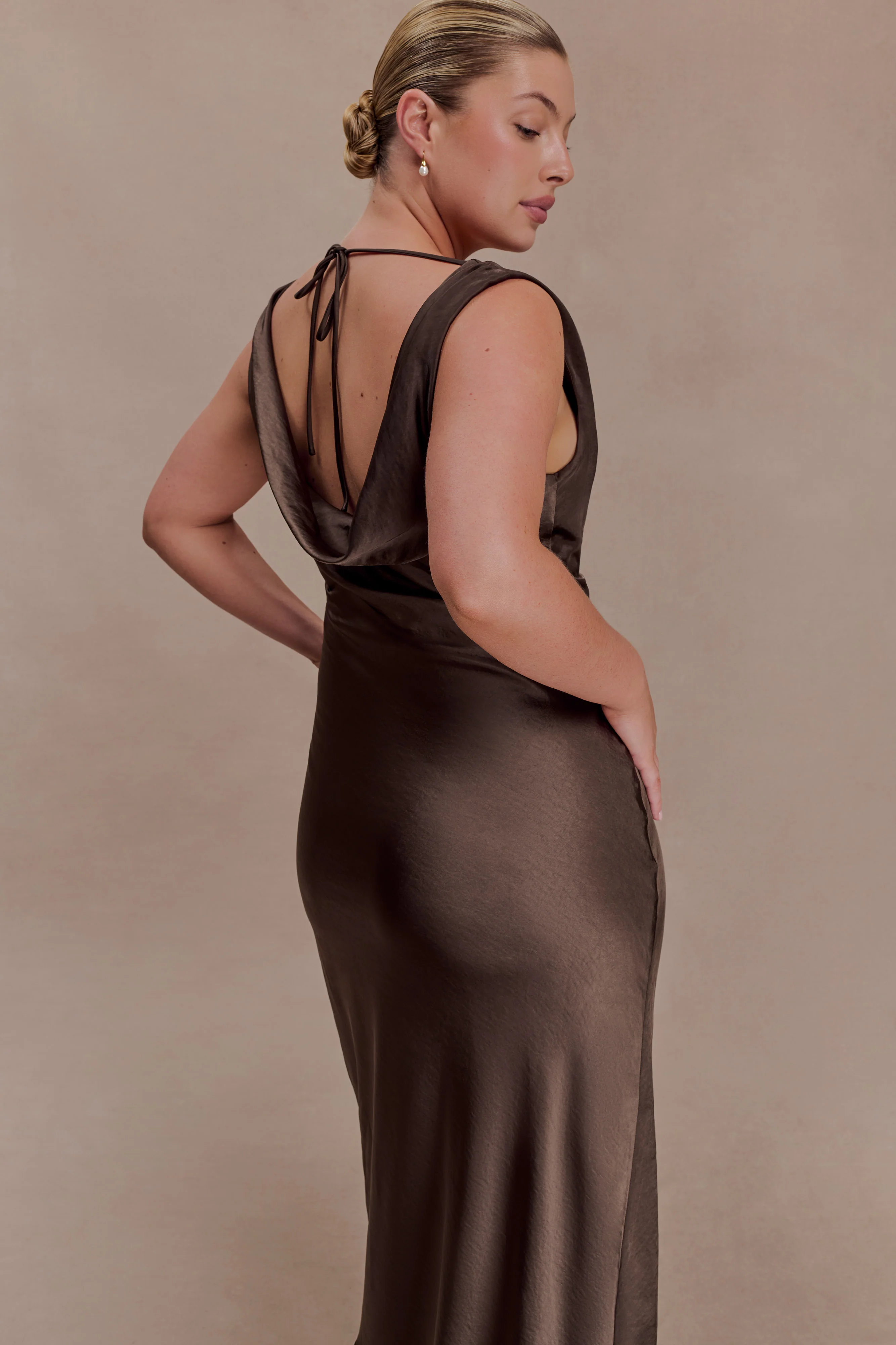 Ashley Cowl Neck Lace And Satin Maxi Dress - Mocha - Image 7