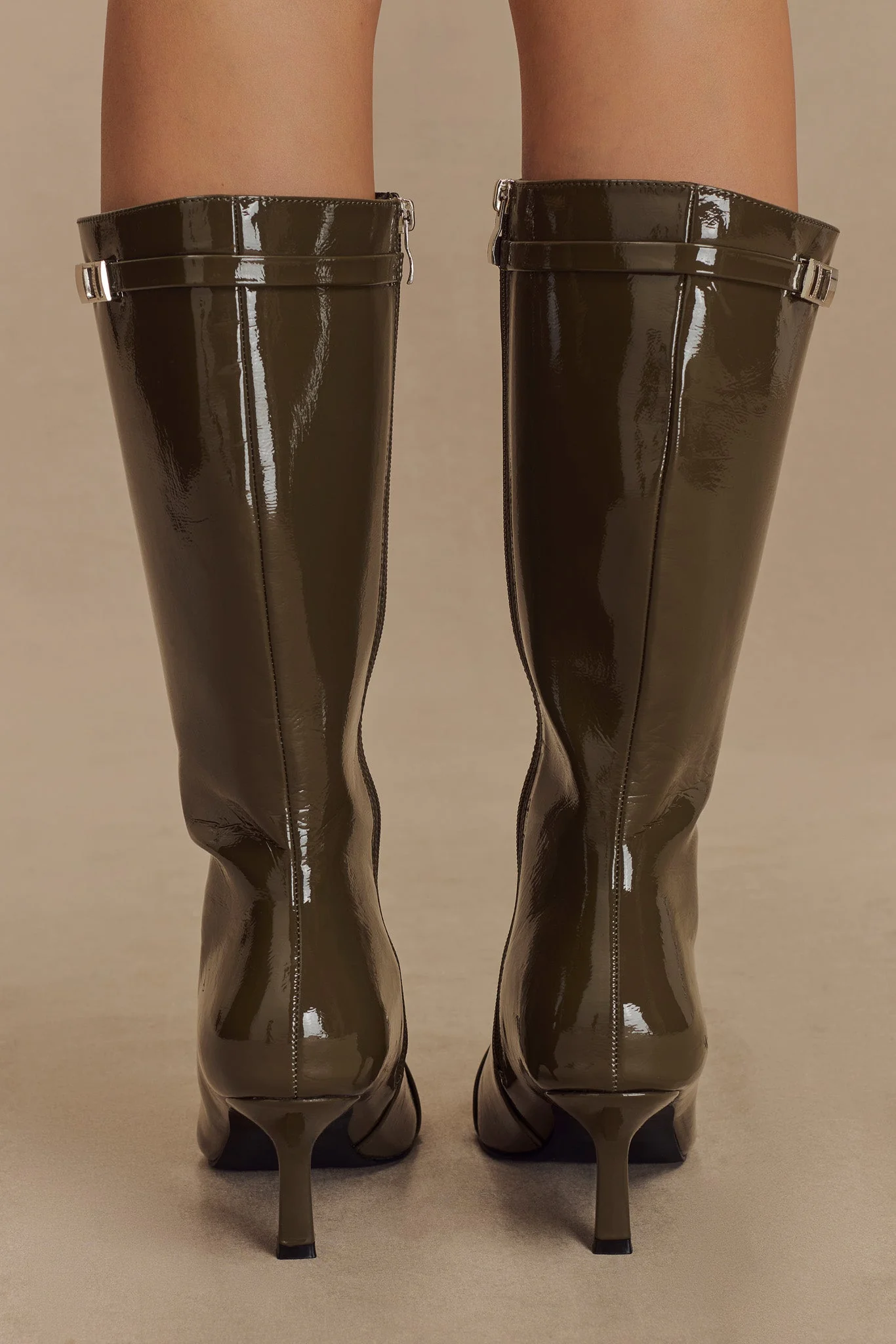 Astra Patent Faux Leather Buckle Boot - Khaki - Image 6