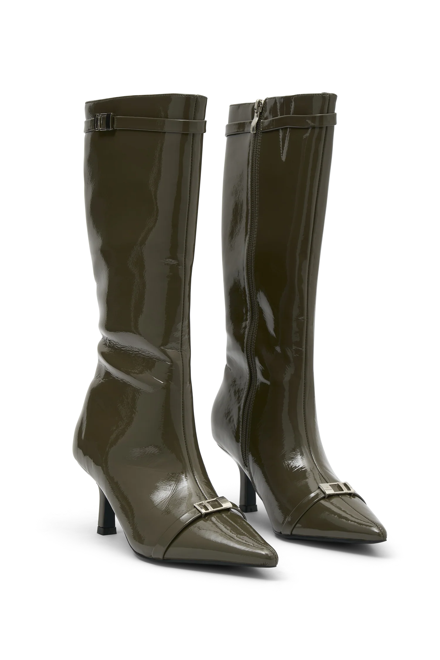 Astra Patent Faux Leather Buckle Boot - Khaki - Image 9