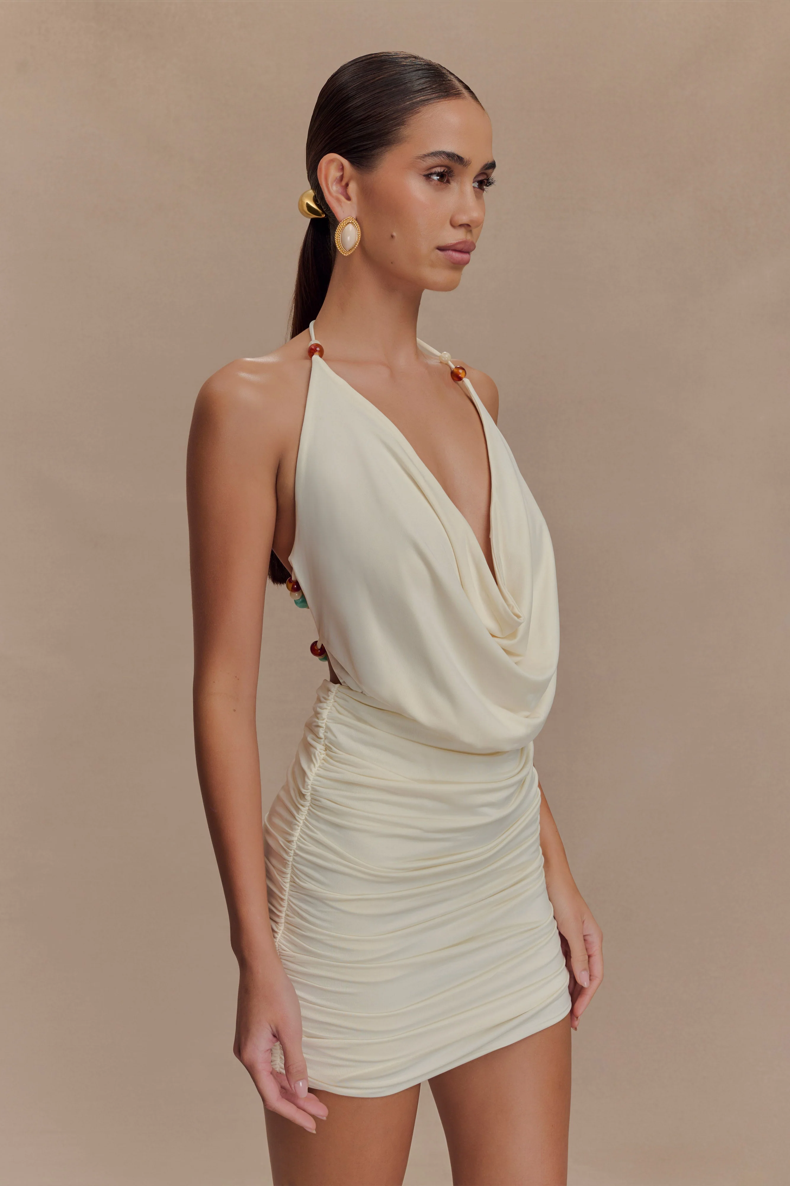 Astraeus Beaded Cowl Mini Dress - Ivory - Image 6