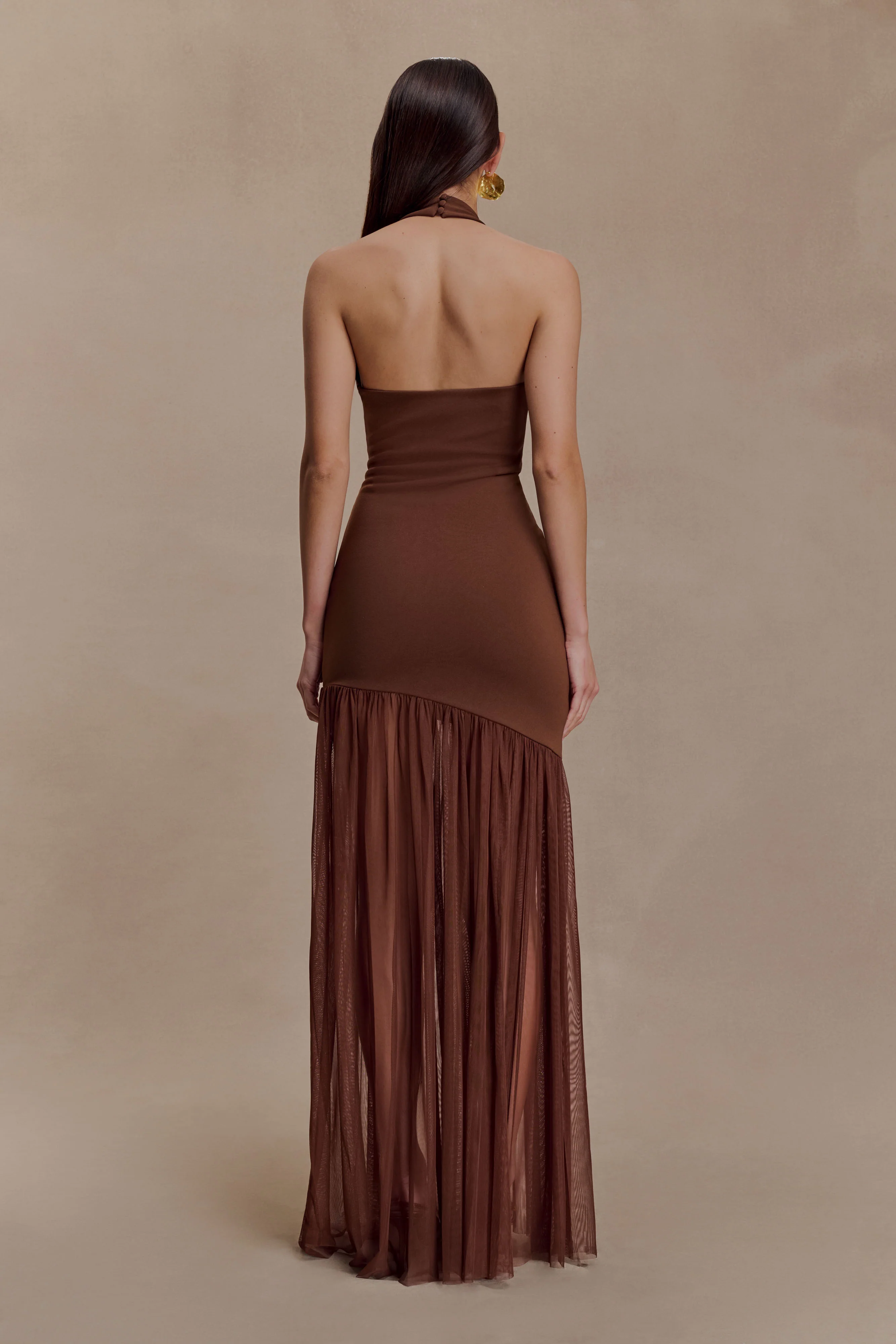 Aubree Crepe And Mesh Maxi Dress - Chocolate/Mocha - Image 2