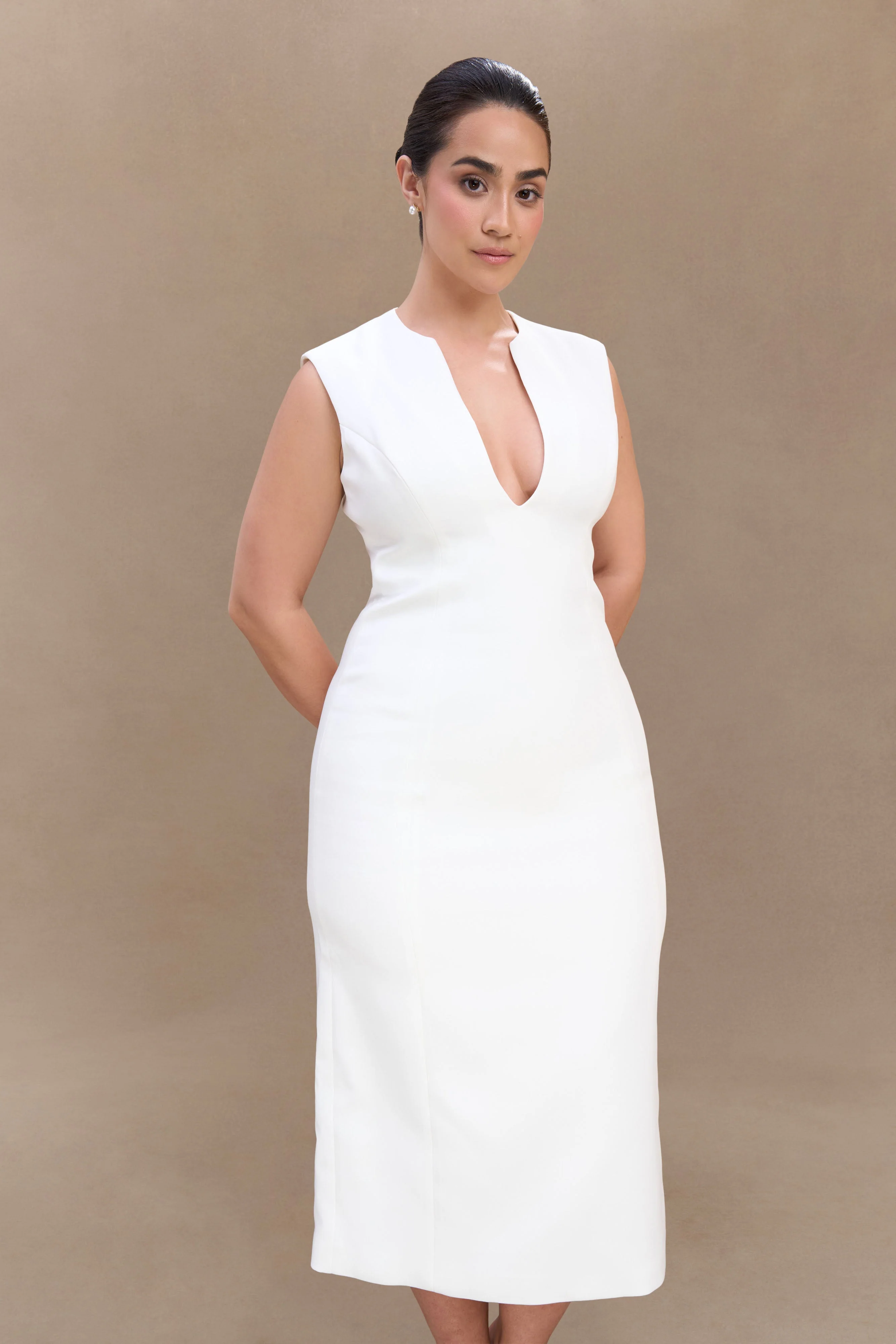 Audrine Suiting Sleeveless Midi Dress - Ivory - Image 6
