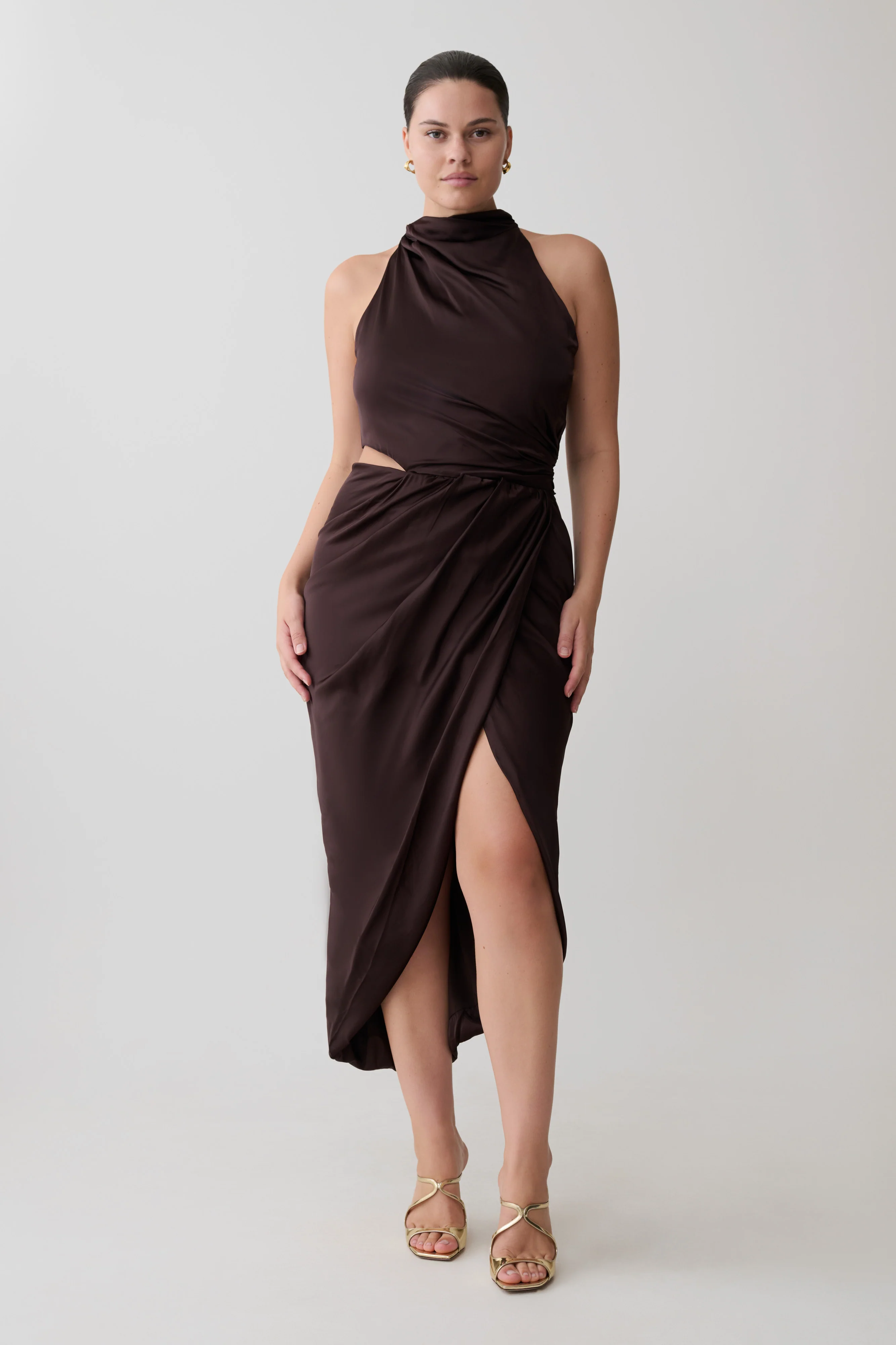 Aveline Draped Halter Midi Dress - Dark Chocolate - Image 4