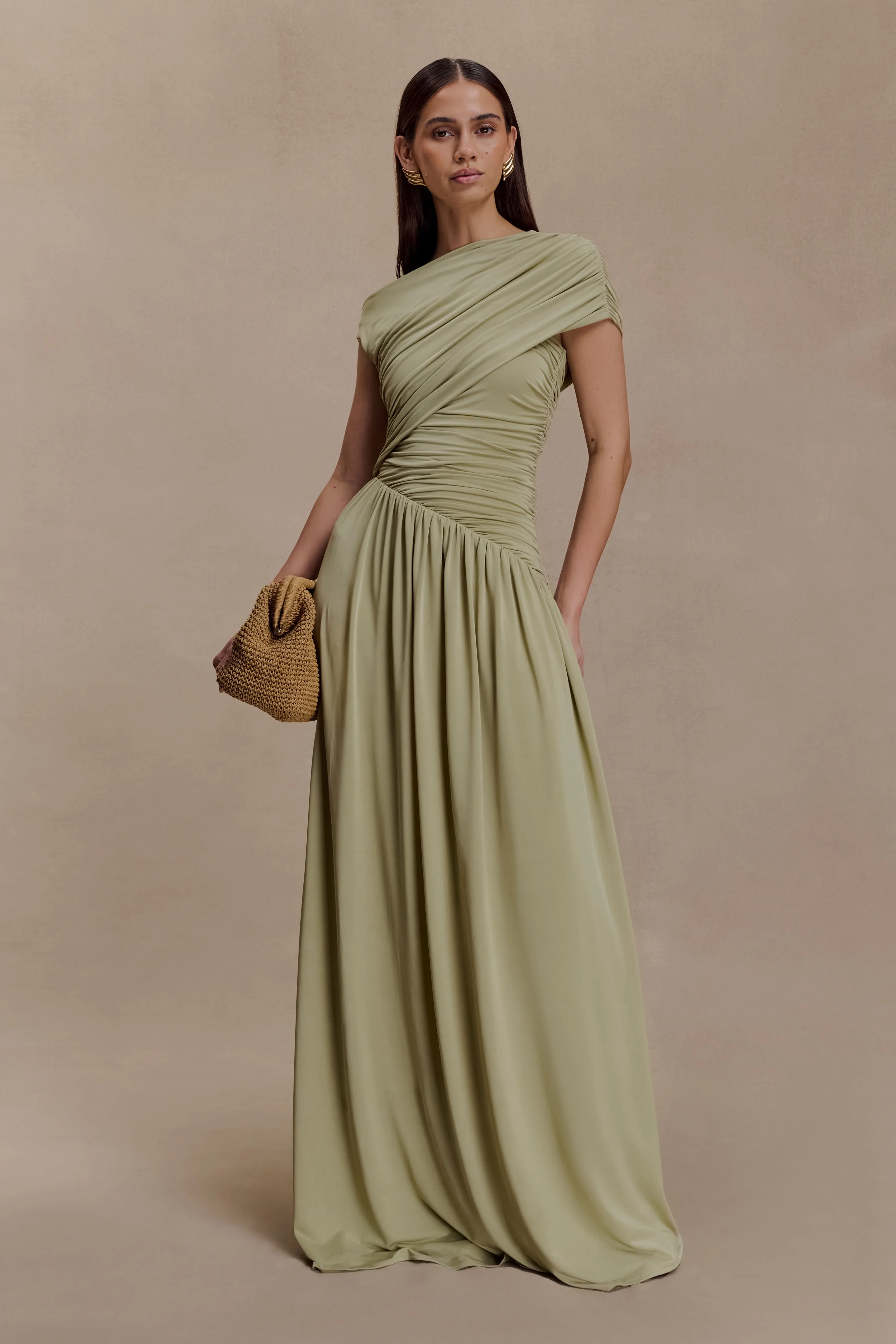 Ayeshya Slinky Asymmetric Maxi Dress - Sage - Image 3
