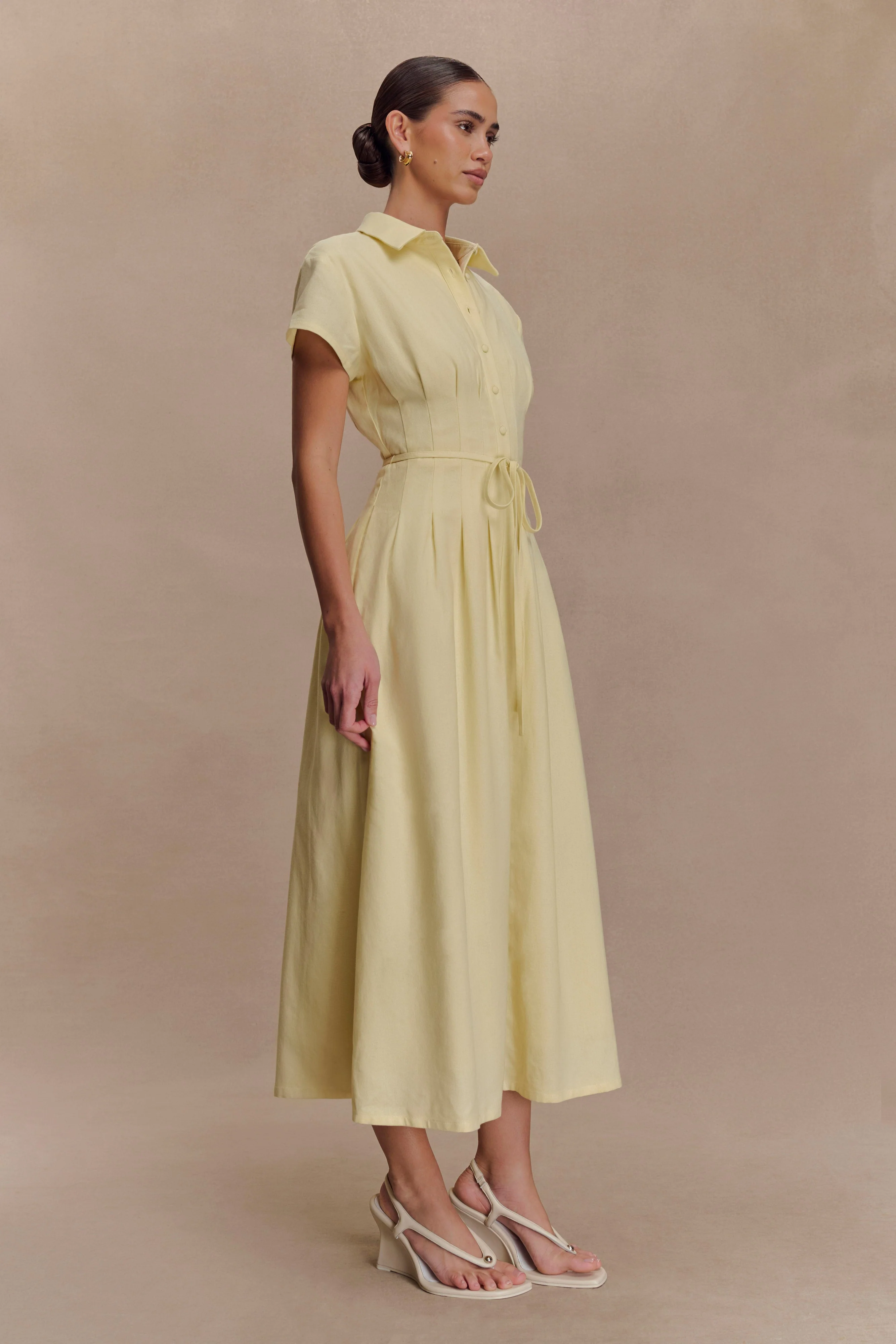 Aysha Buttoned Linen Midi Dress - Lemon - Image 3